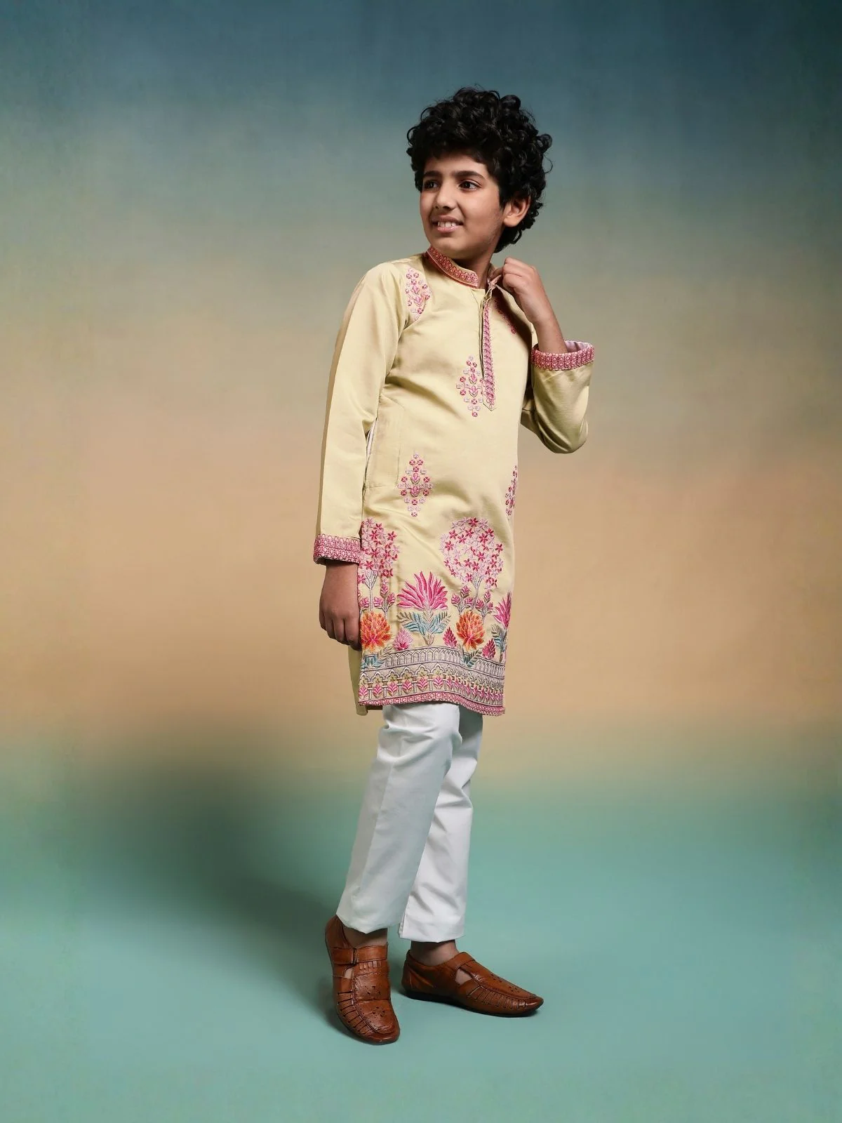 Odette Yellow Viscose Silk Embroidered Stitched Kurta Set For Kids - Image 2