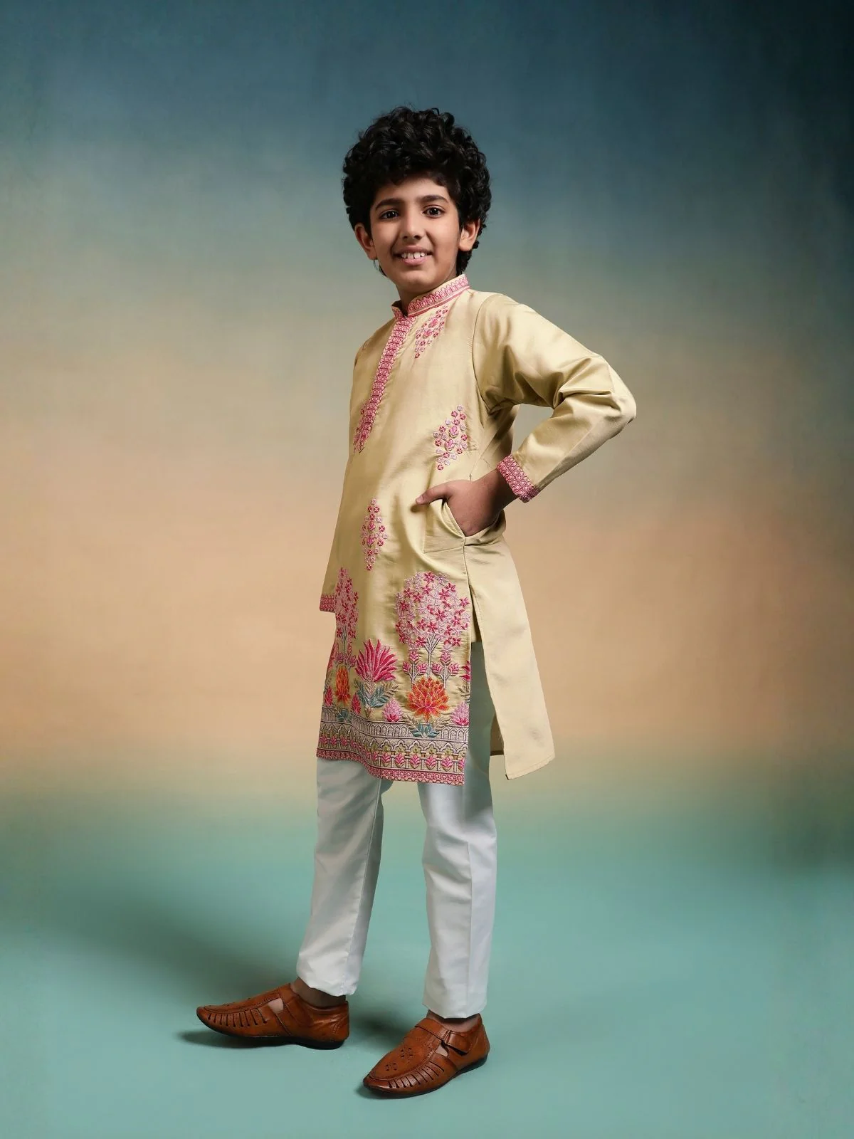 Odette Yellow Viscose Silk Embroidered Stitched Kurta Set For Kids - Image 3