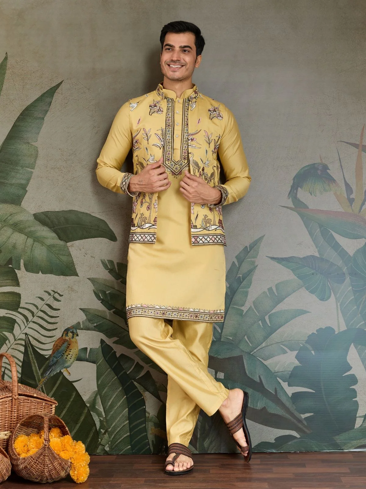 Odette Yellow Viscose Silk Embroidered Stitched Kurta Set For Men - Image 2