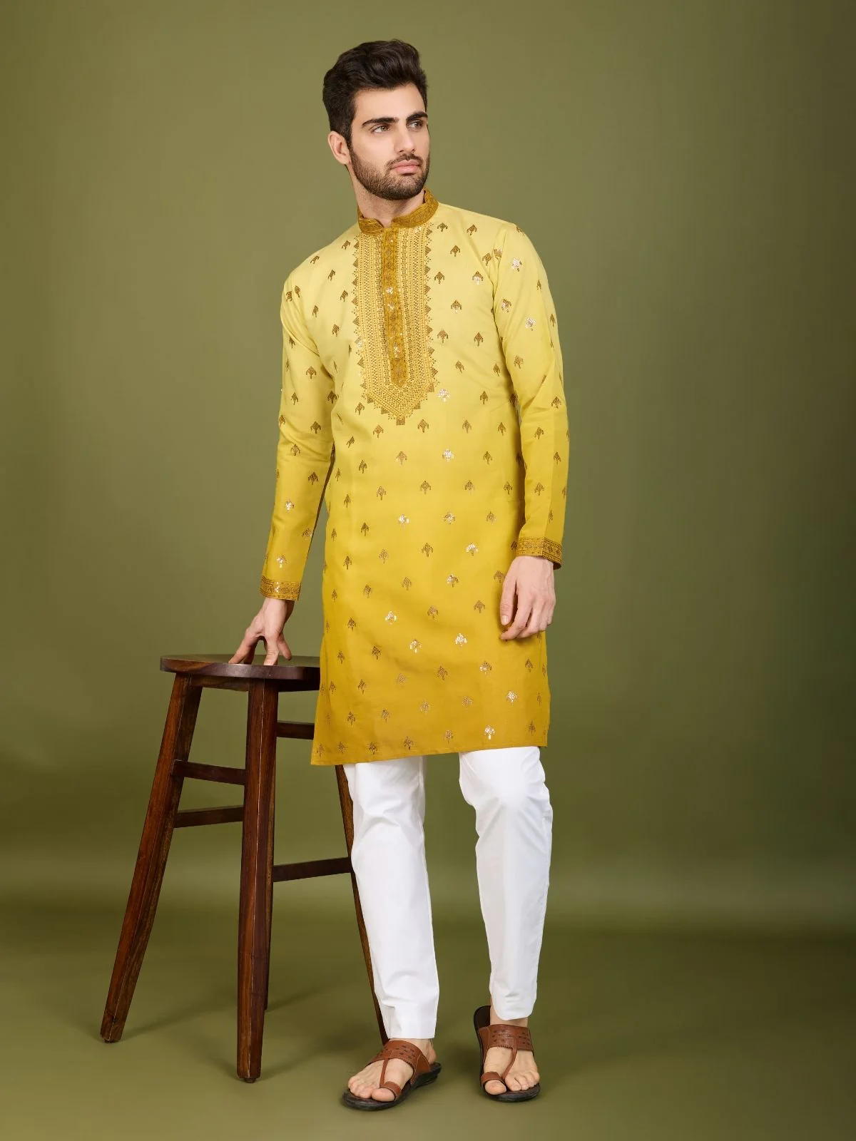 Odette Yellow Viscose Silk Sequins Stitched Kurta For Men - Image 2