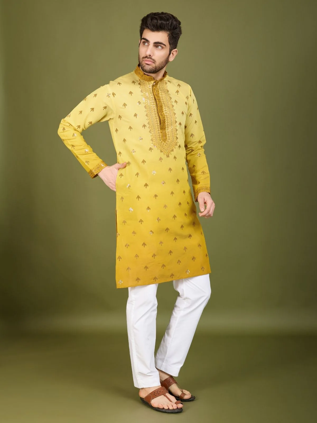 Odette Yellow Viscose Silk Sequins Stitched Kurta For Men - Image 3