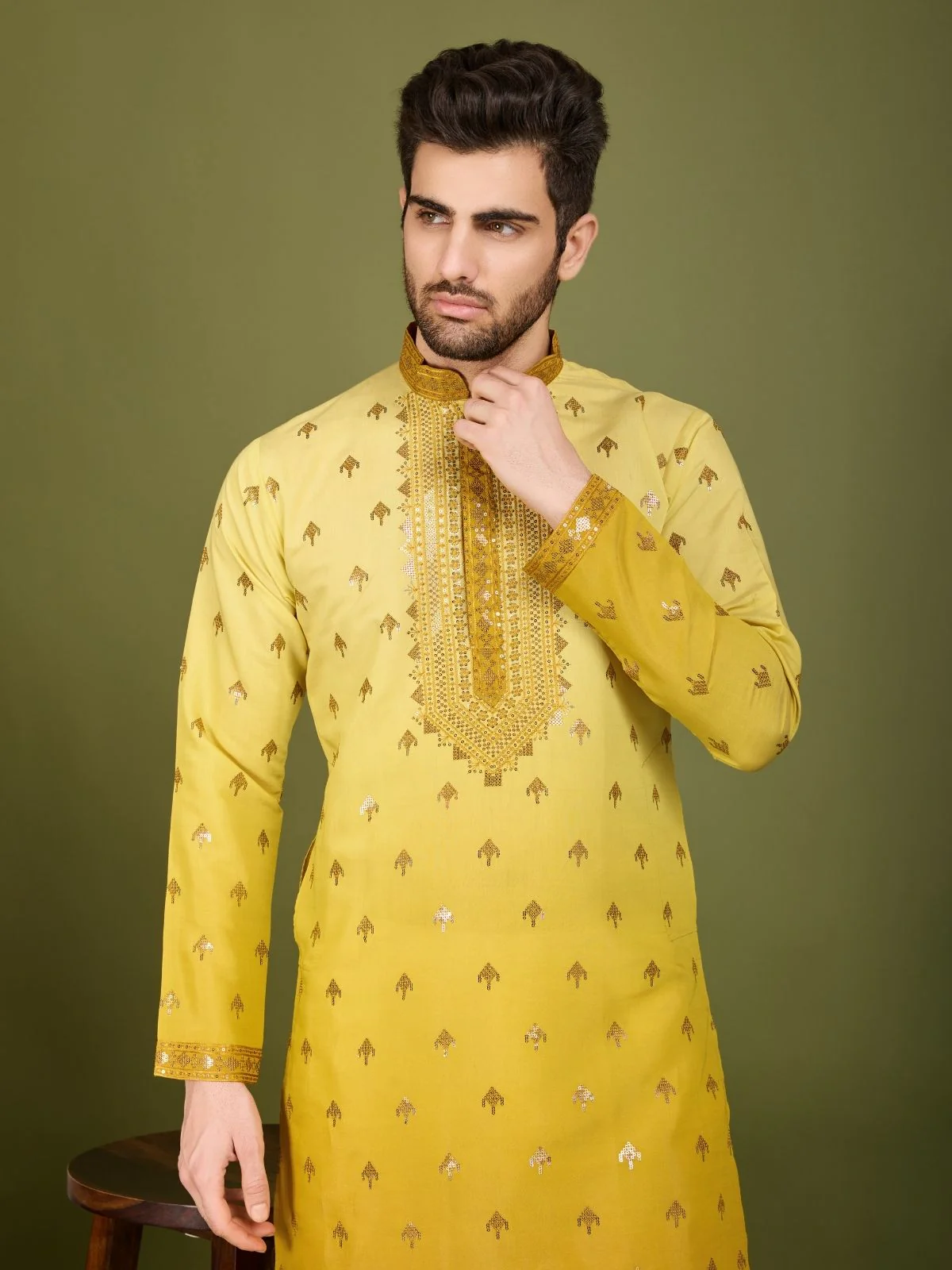 Odette Yellow Viscose Silk Sequins Stitched Kurta For Men - Image 5