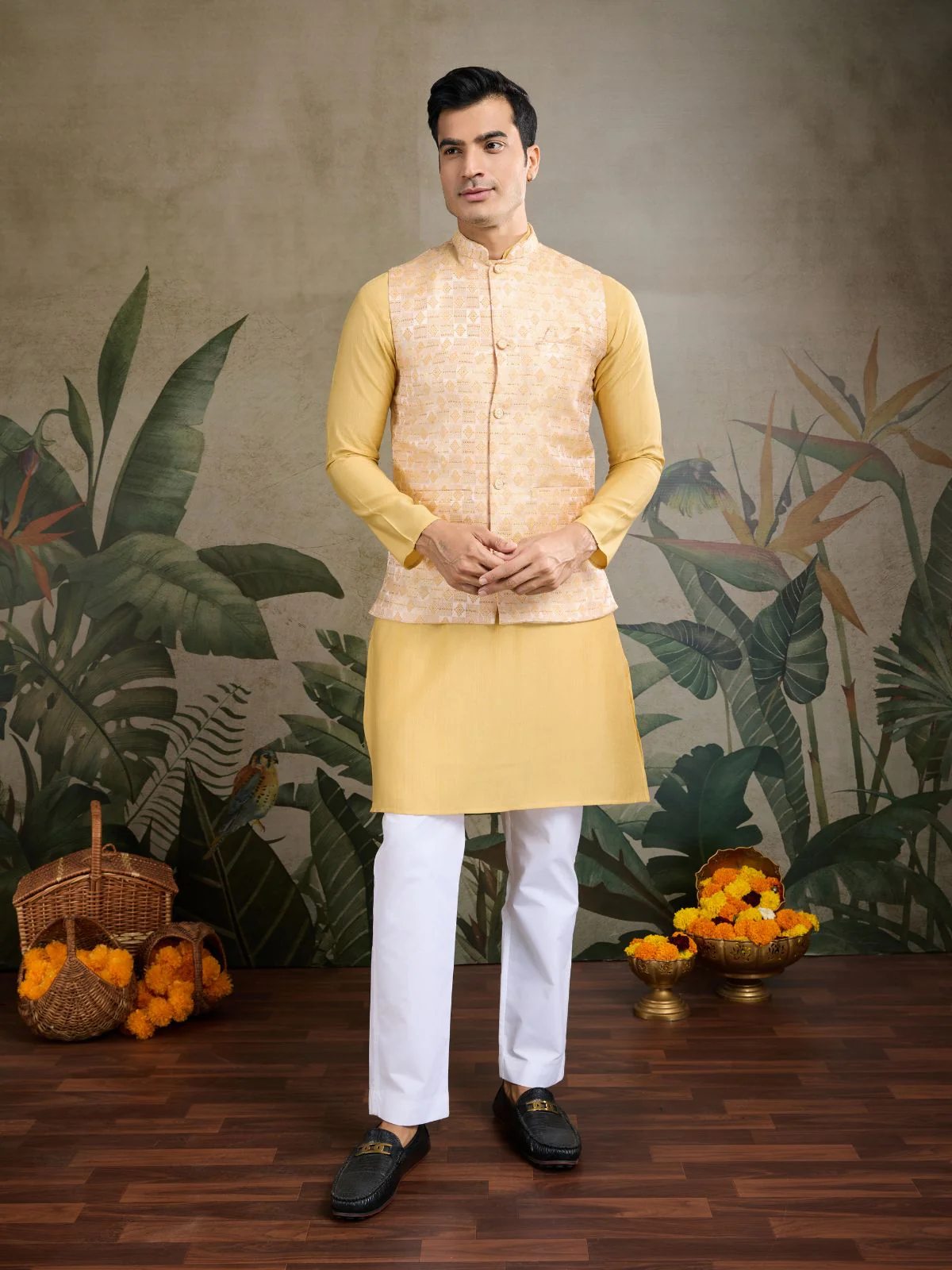 Odette Yellow Viscose Silk Woven Stitched Kurta For Men