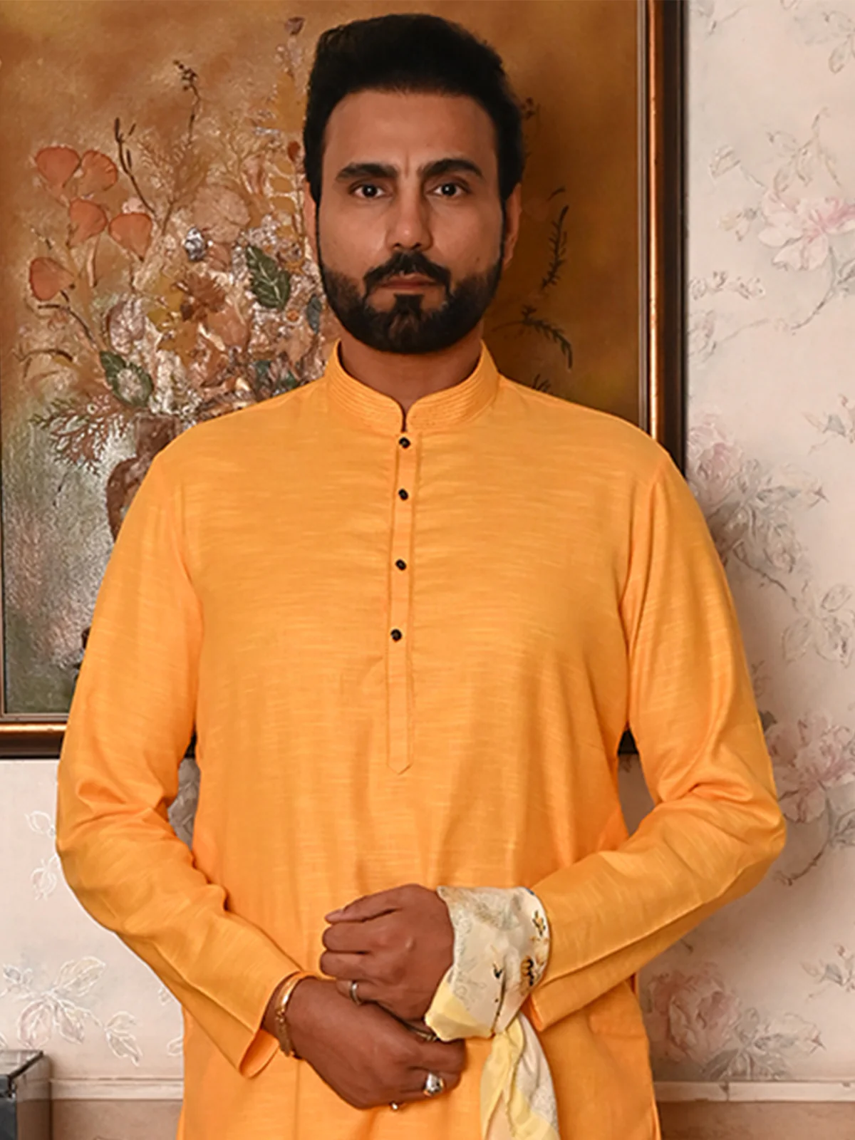 Odette Yellow Woven Cotton Polyester Kurta Set For Men