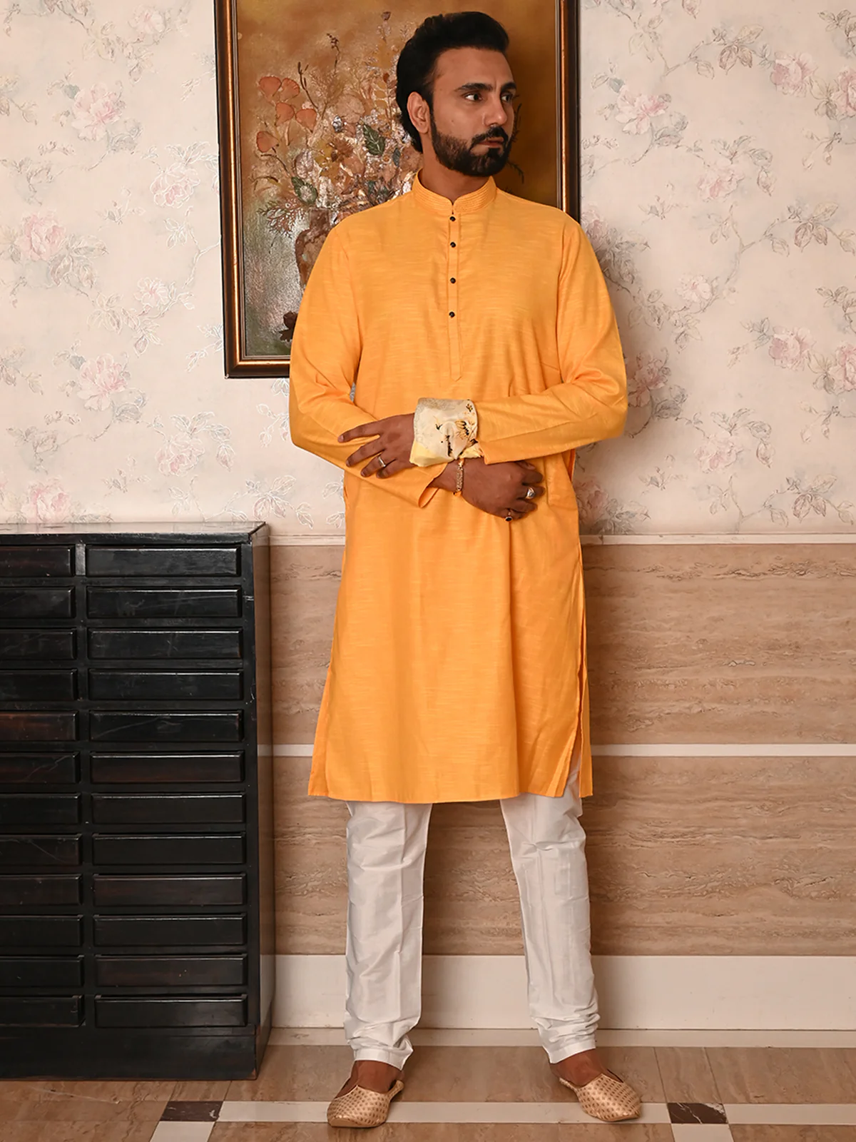 Odette Yellow Woven Cotton Polyester Kurta Set For Men - Image 3