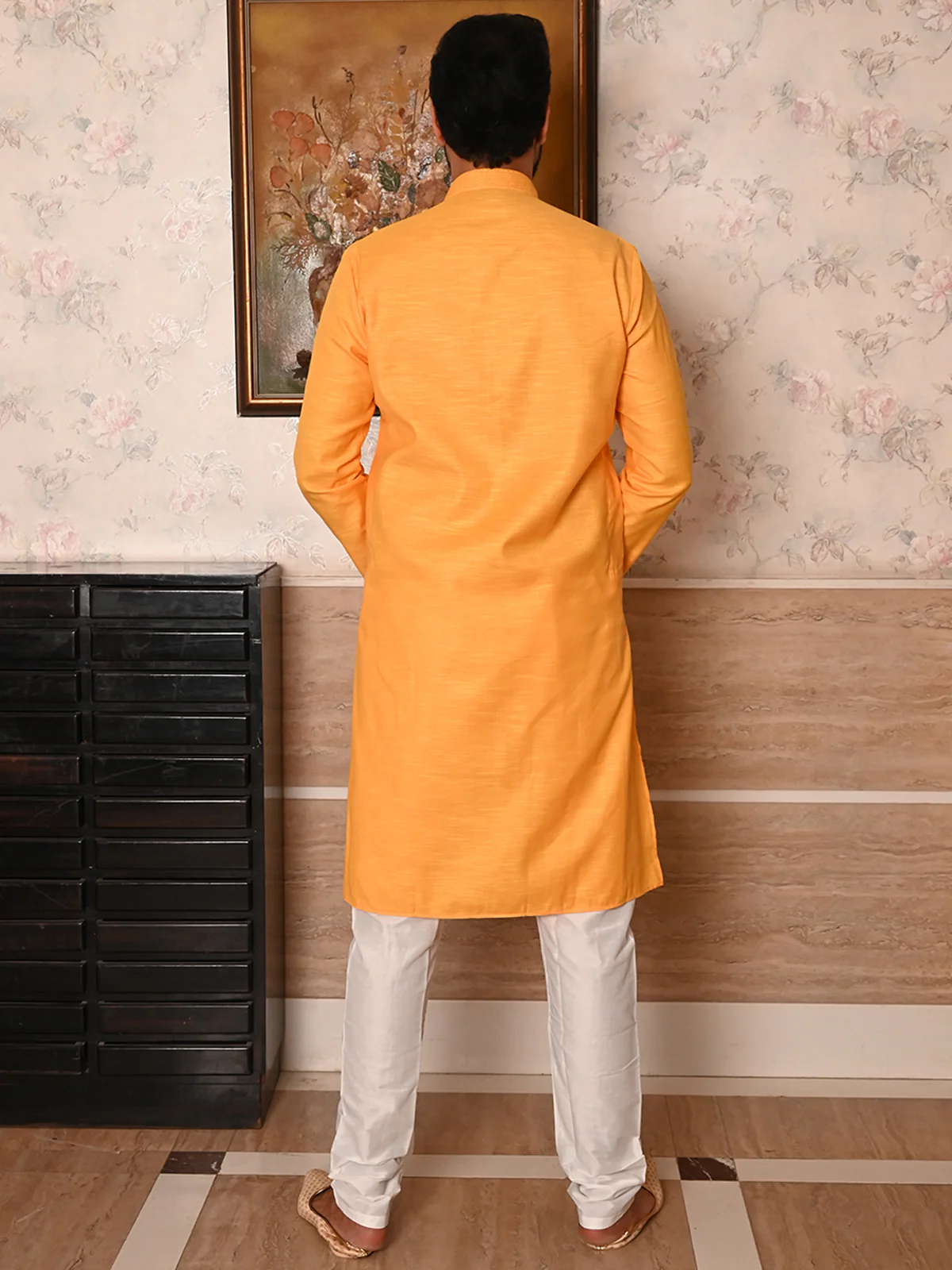 Odette Yellow Woven Cotton Polyester Kurta Set For Men - Image 4