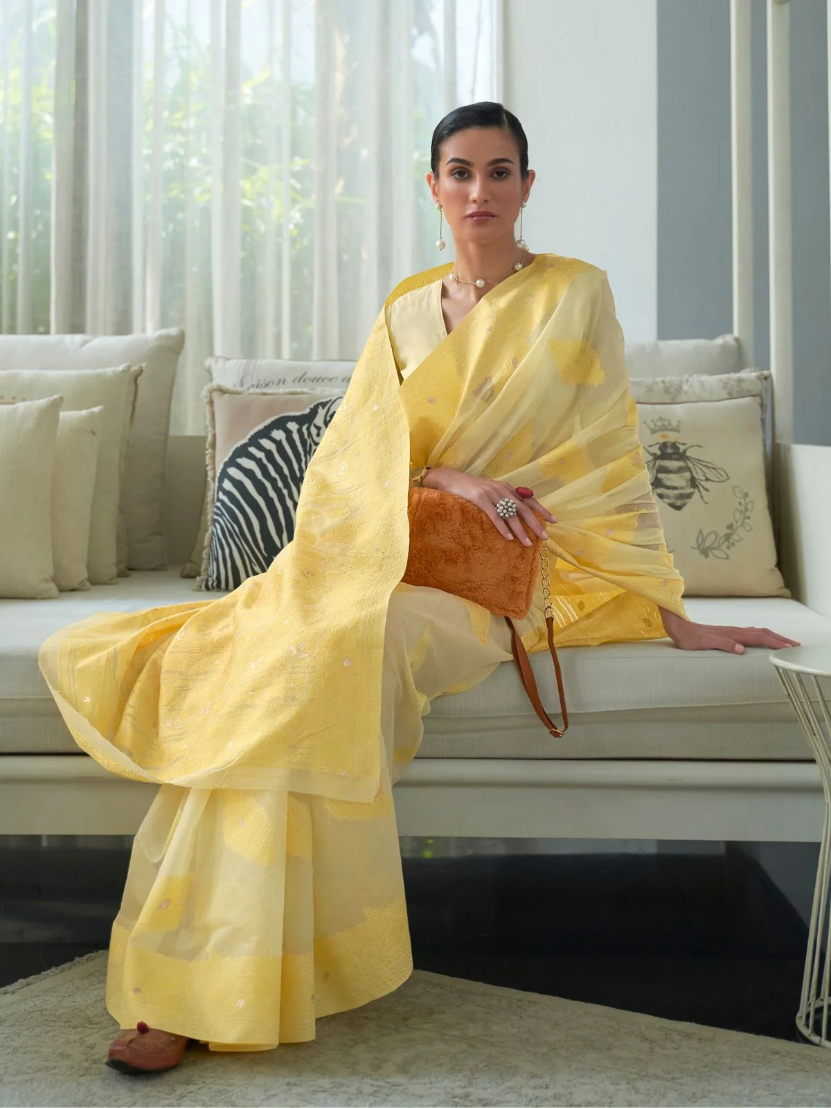 Odette Yellow Woven Design Cotton Blend Saree With Unstitched Blouse For Women - Image 2
