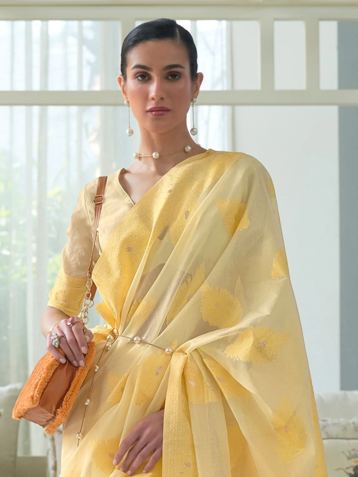 Odette Yellow Woven Design Cotton Blend Saree With Unstitched Blouse For Women - Image 3