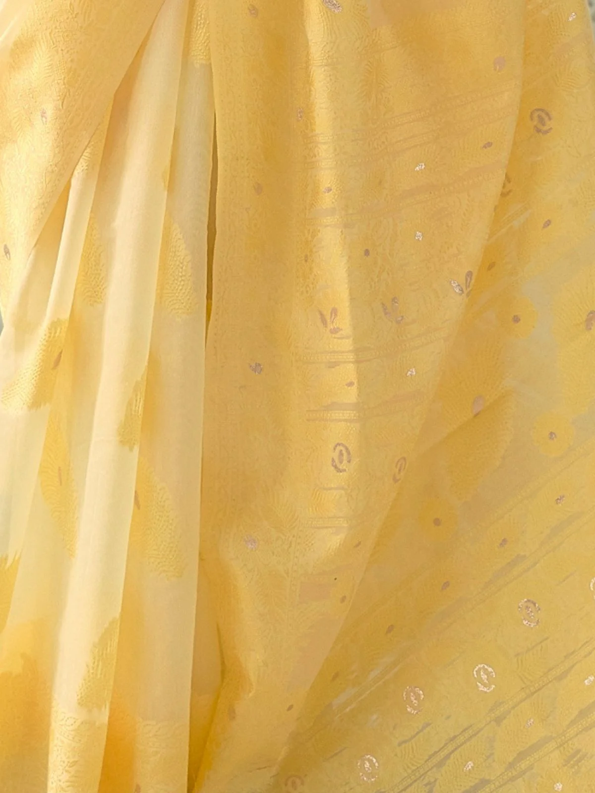 Odette Yellow Woven Design Cotton Blend Saree With Unstitched Blouse For Women - Image 4