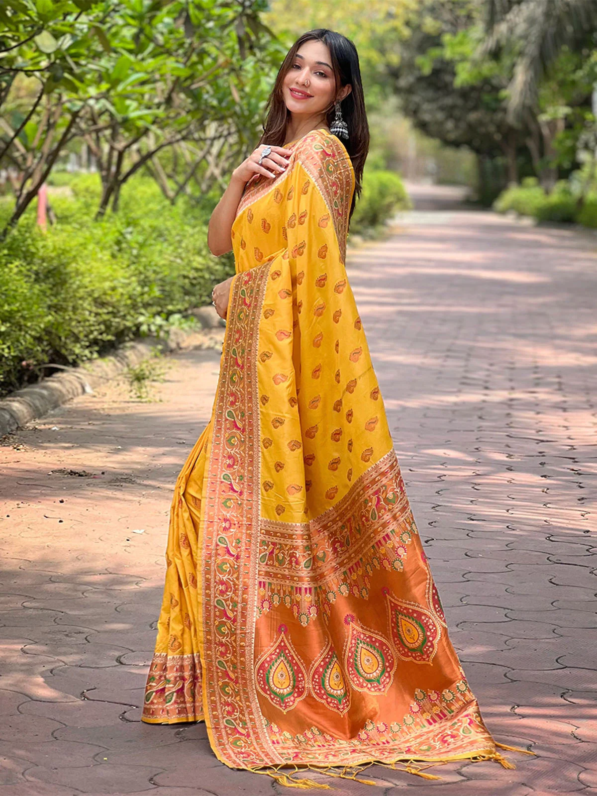 Odette Yellow Woven Design Silk Blend Saree With Unstitched Blouse For Women - Image 2