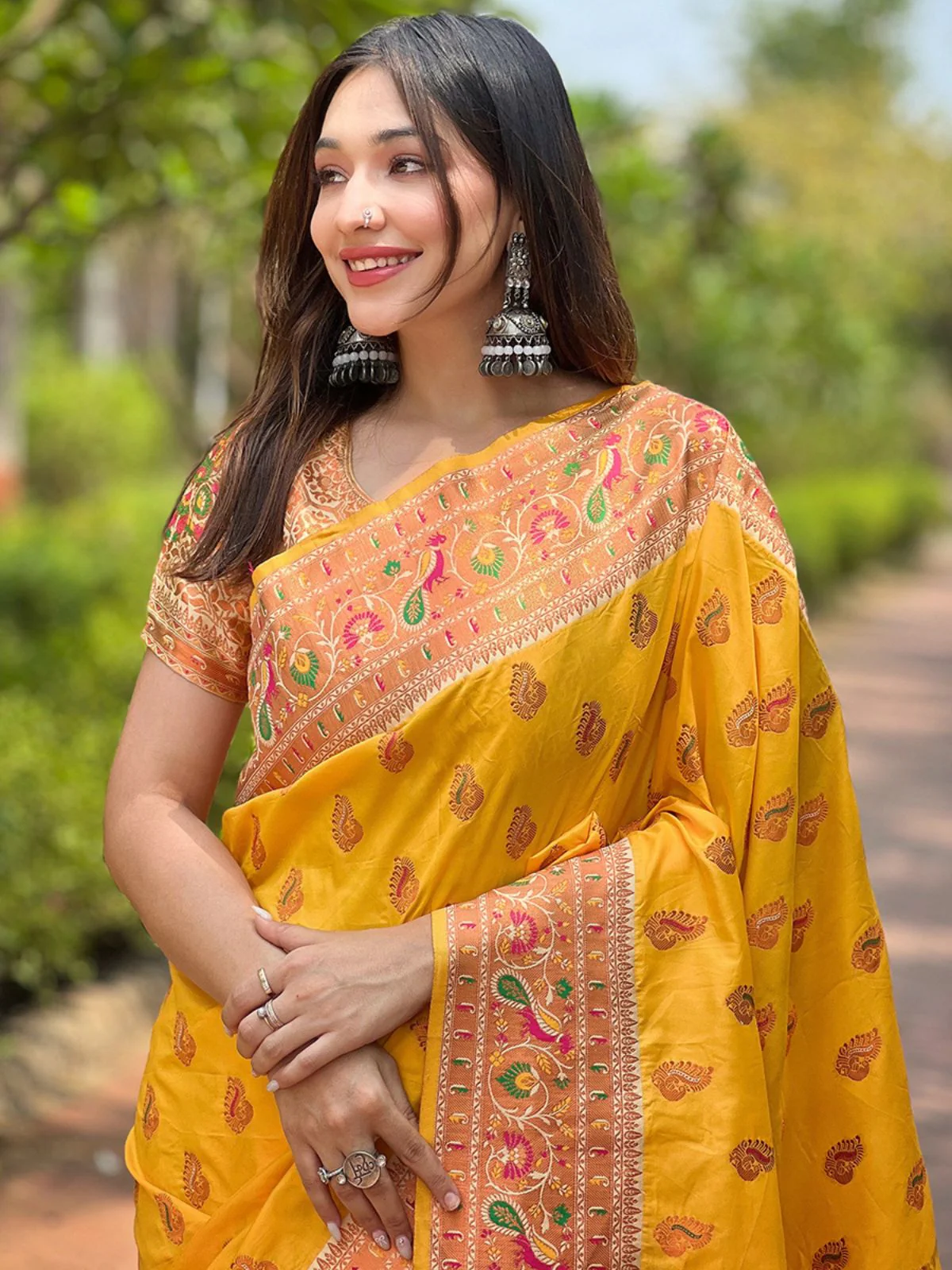Odette Yellow Woven Design Silk Blend Saree With Unstitched Blouse For Women - Image 3