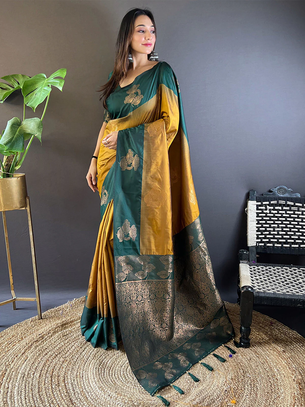 Odette Yellow Woven Design Soft Silk Saree With Unstitched Blouse For Women