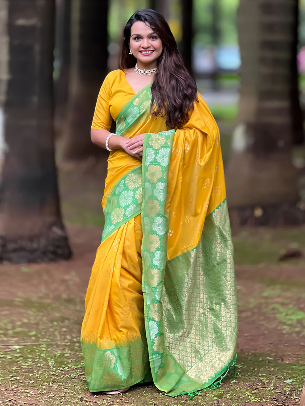 Odette Yellow Woven Design Soft Silk Saree With Unstitched Blouse For Women