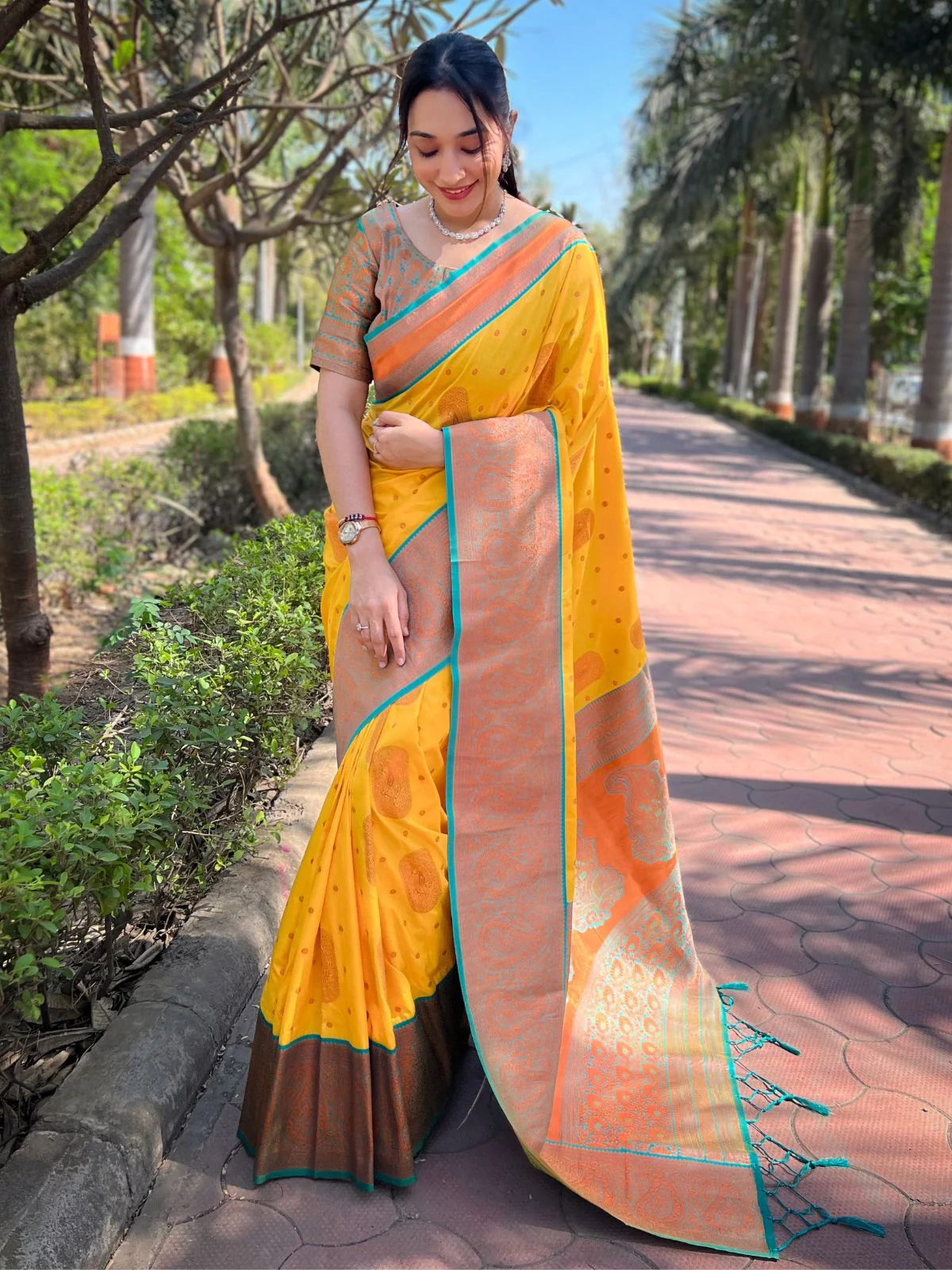 Odette Yellow Woven Design Soft Silk Saree With Unstitched Blouse For Women