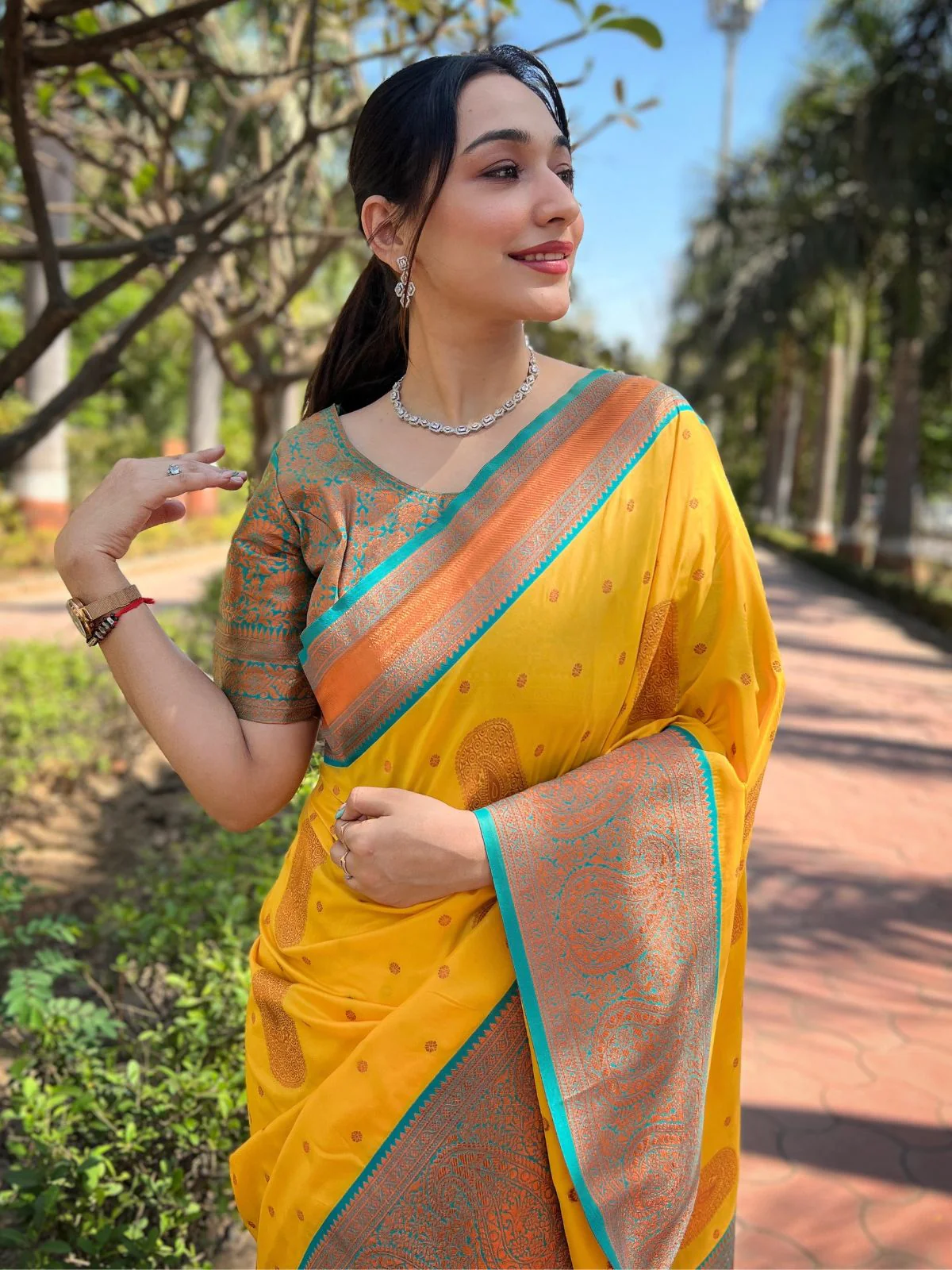 Odette Yellow Woven Design Soft Silk Saree With Unstitched Blouse For Women - Image 3
