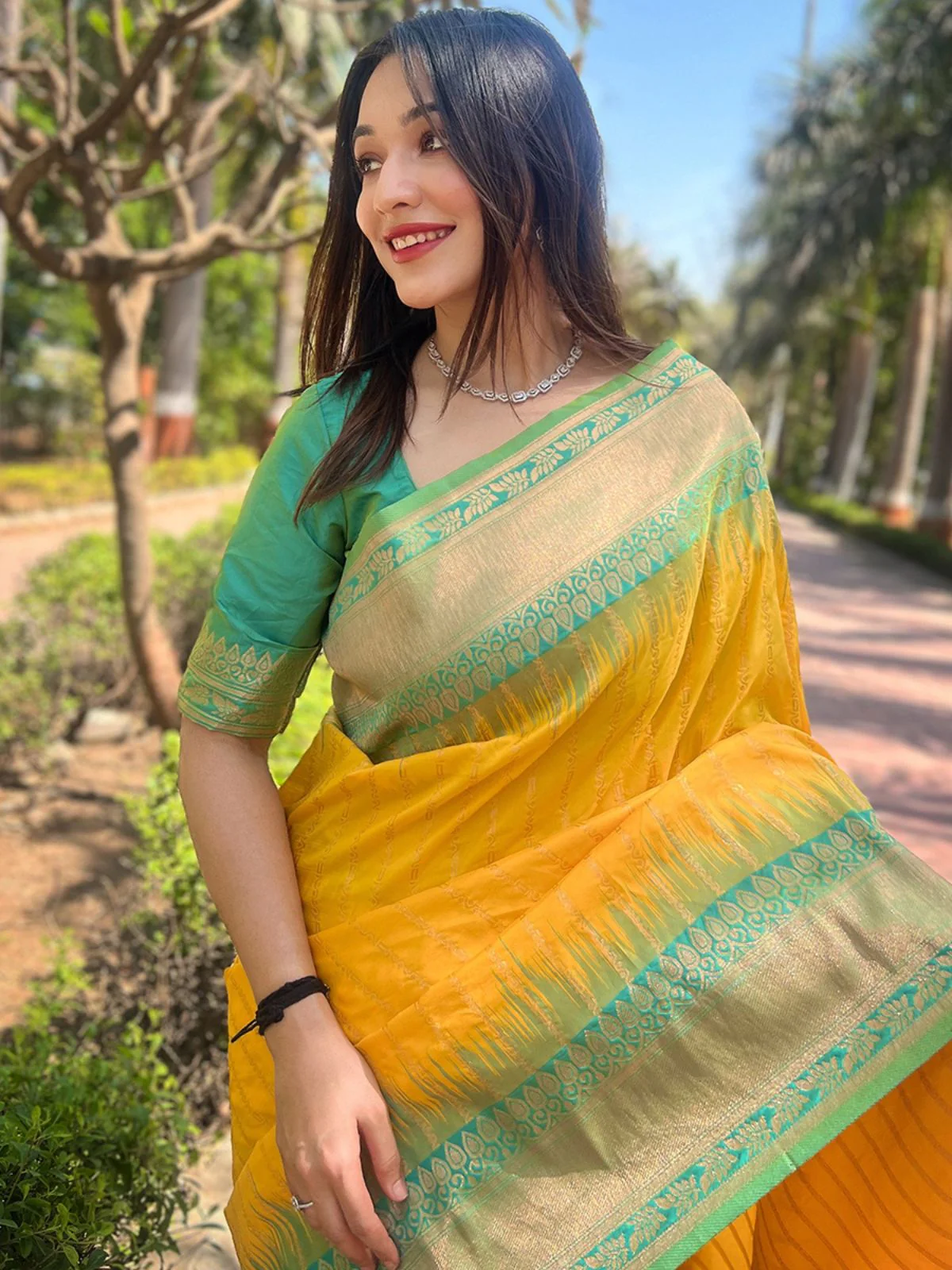 Odette Yellow Woven Design Soft Silk Saree With Unstitched Blouse For Women - Image 3