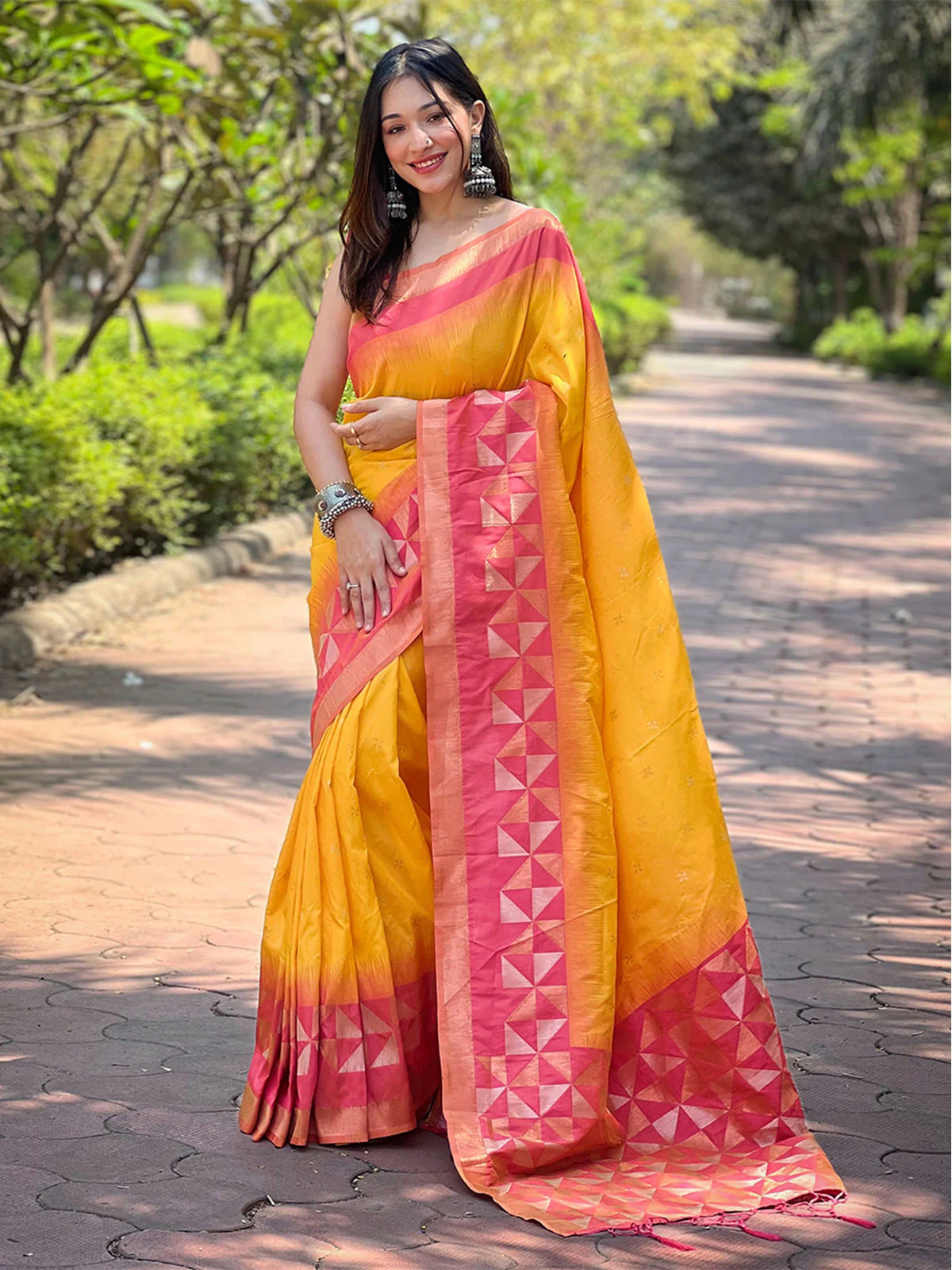 Odette Yellow Woven Design Soft Silk Saree With Unstitched Blouse For Women