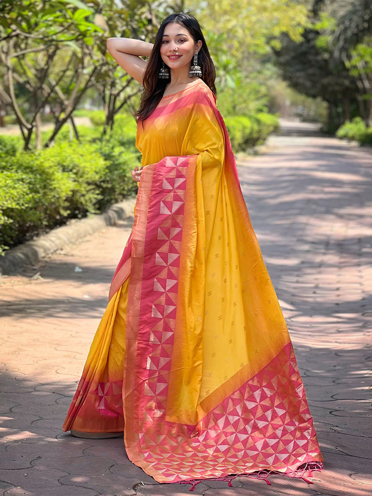 Odette Yellow Woven Design Soft Silk Saree With Unstitched Blouse For Women - Image 2