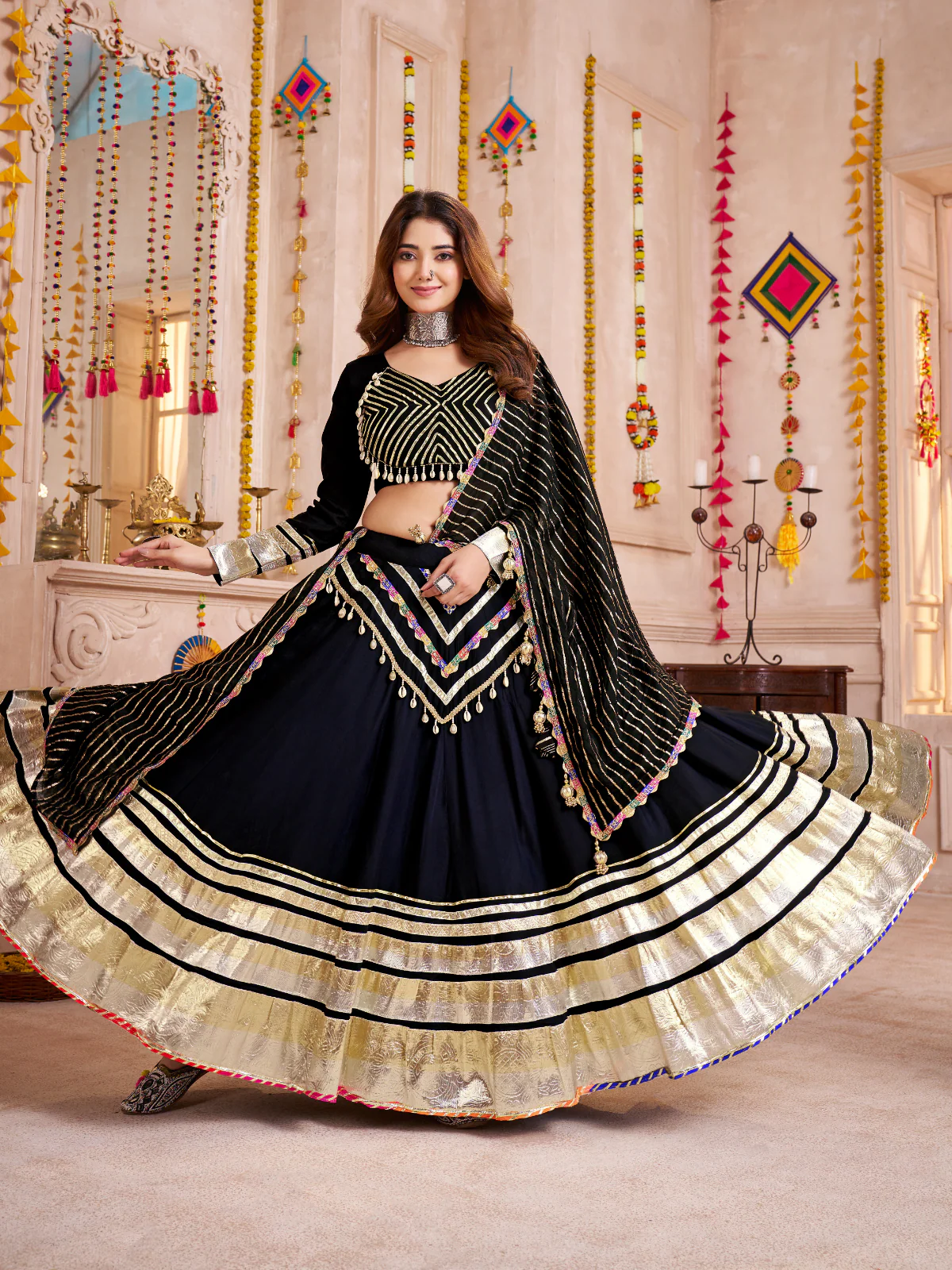 Odette Black Viscose Cotton Embroidered Semi-Stitched Lehenga Choli For Women - Image 2