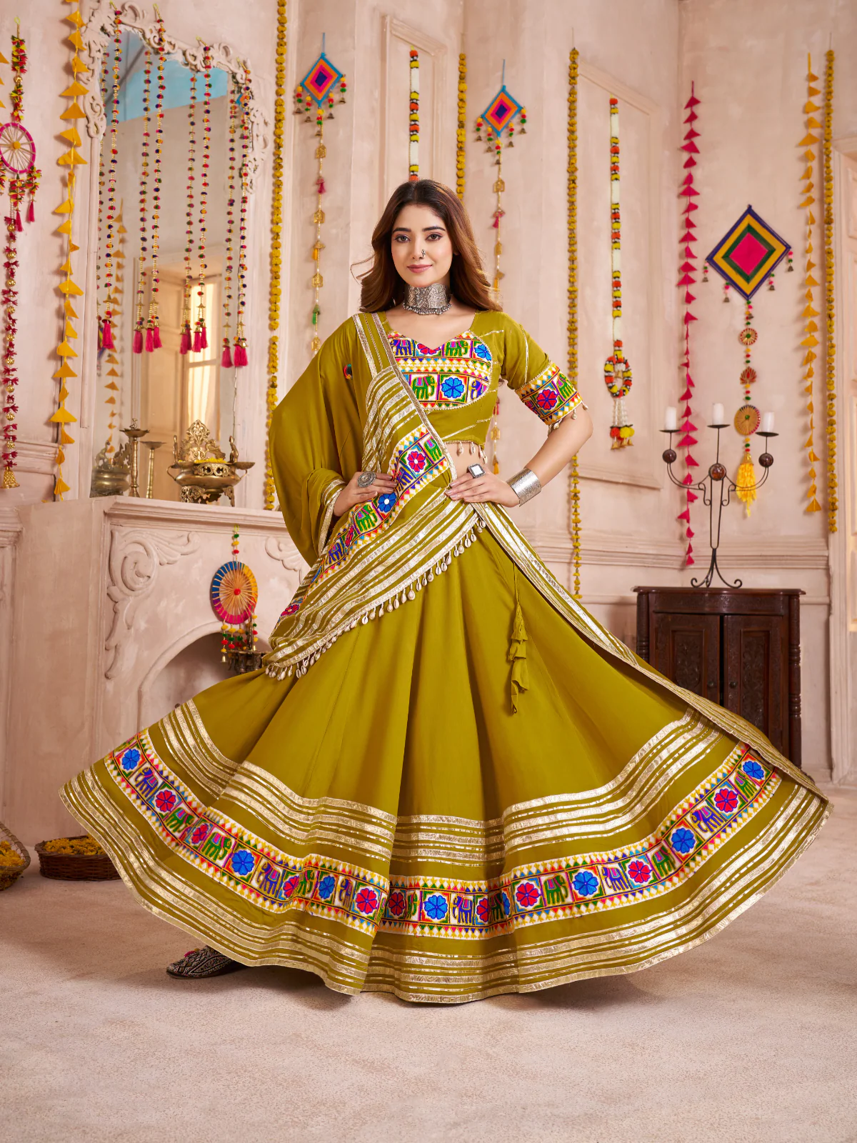 Odette Green Viscose Cotton Embroidered Semi-Stitched Lehenga Choli For Women - Image 2