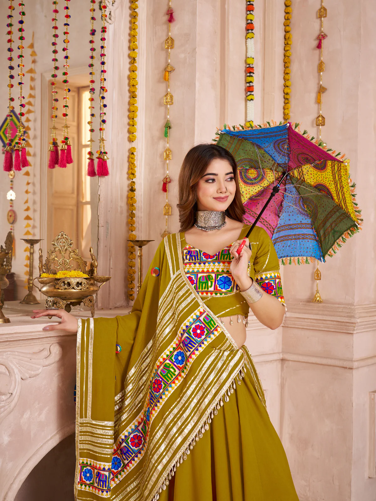 Odette Green Viscose Cotton Embroidered Semi-Stitched Lehenga Choli For Women - Image 3