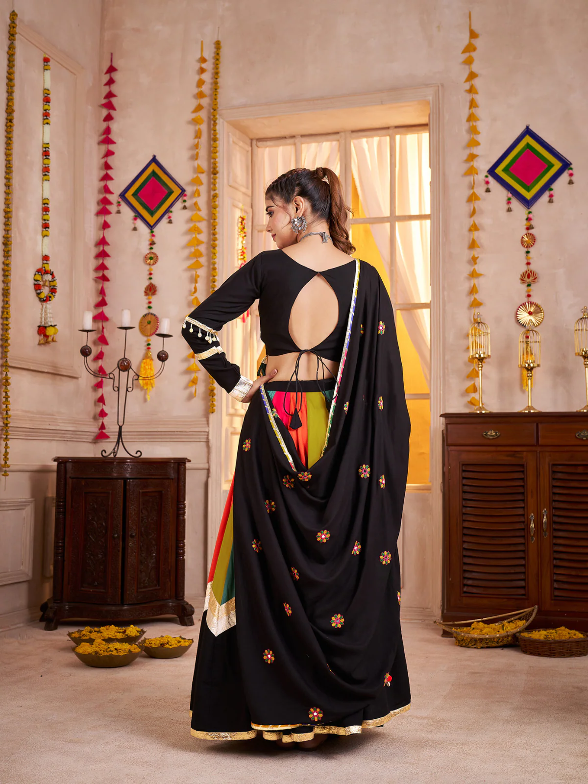Odette Multicolor Viscose Cotton Embroidered Semi-Stitched Lehenga Choli For Women - Image 4