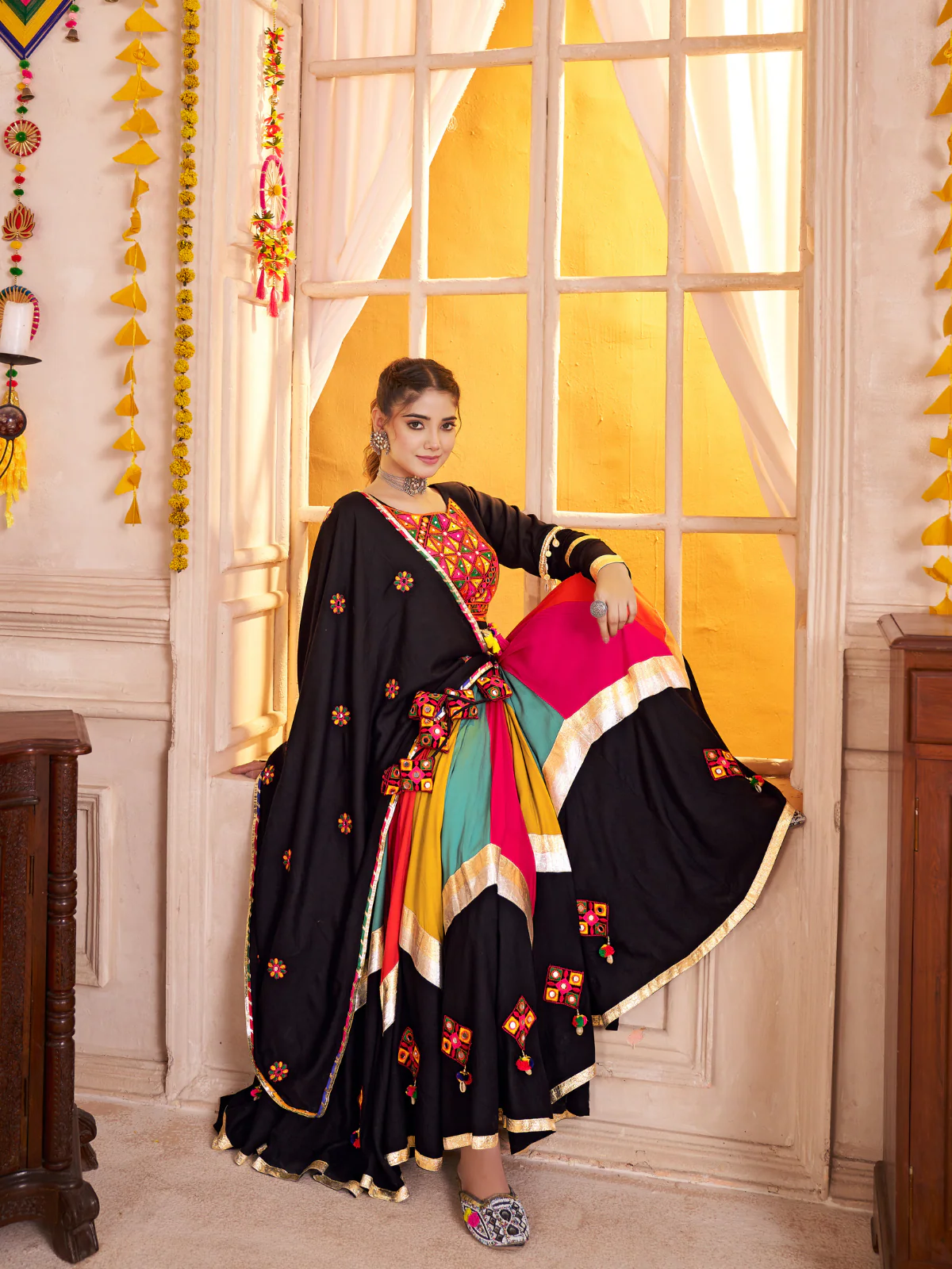 Odette Multicolor Viscose Cotton Embroidered Semi-Stitched Lehenga Choli For Women - Image 5