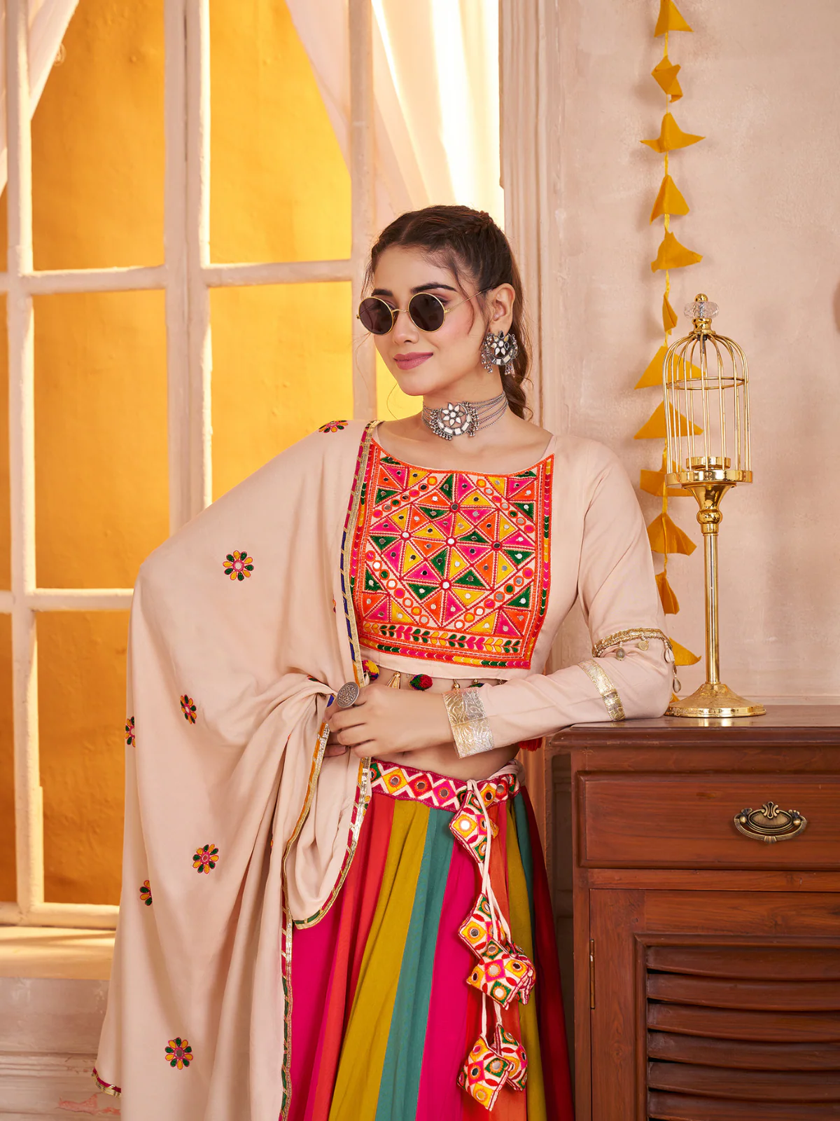 Odette Multicolor Viscose Cotton Embroidered Semi-Stitched Lehenga Choli For Women - Image 3