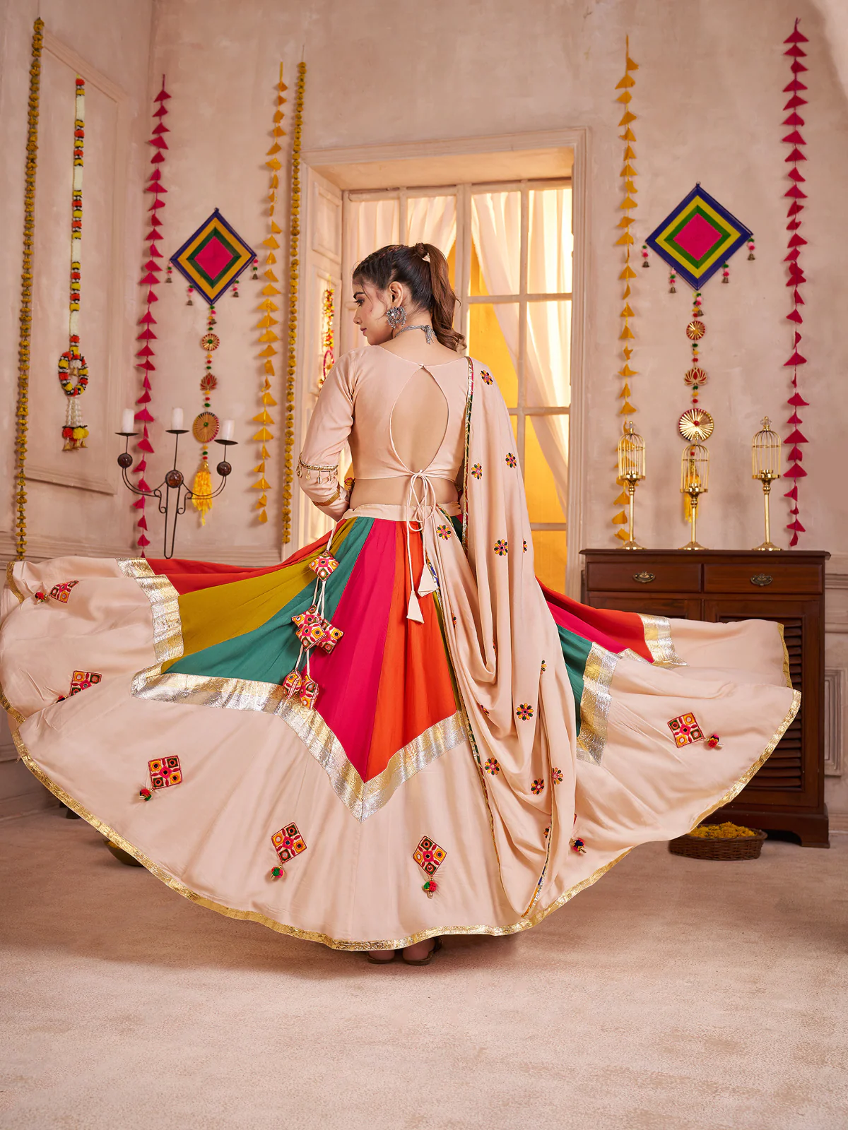 Odette Multicolor Viscose Cotton Embroidered Semi-Stitched Lehenga Choli For Women - Image 4
