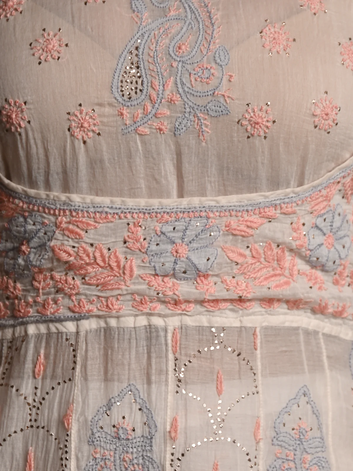 Odette Women White Cotton Mulmul Chikankari Mukaish Work Embroidered Stitched Kurta With Dupatta - Image 5