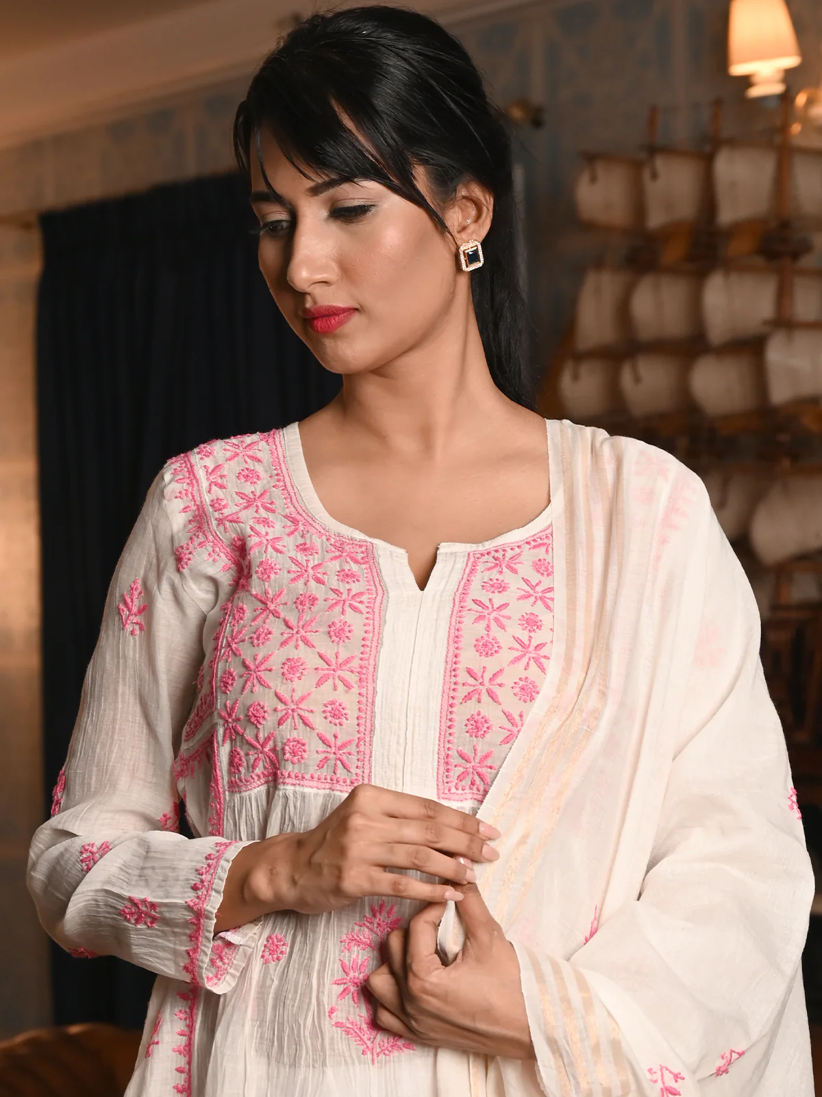 Odette Women White Cotton Mulmul Pink Chikankari Embroidery Unstitched Kurta Set - Image 4