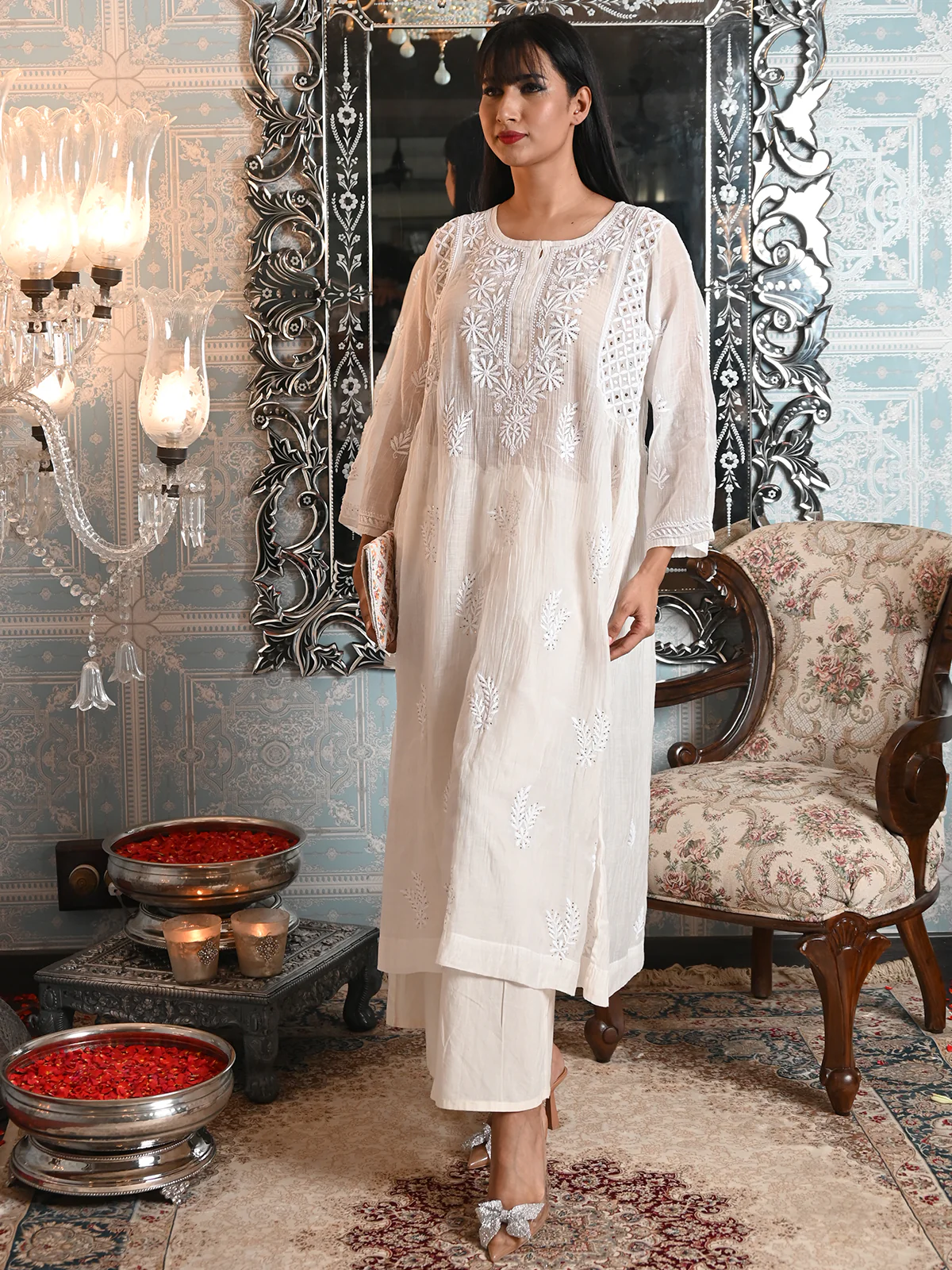 Odette Women Off White Cotton Voile Chikankari Mukaish Work Embroidered Stitched with dupatta - Image 2