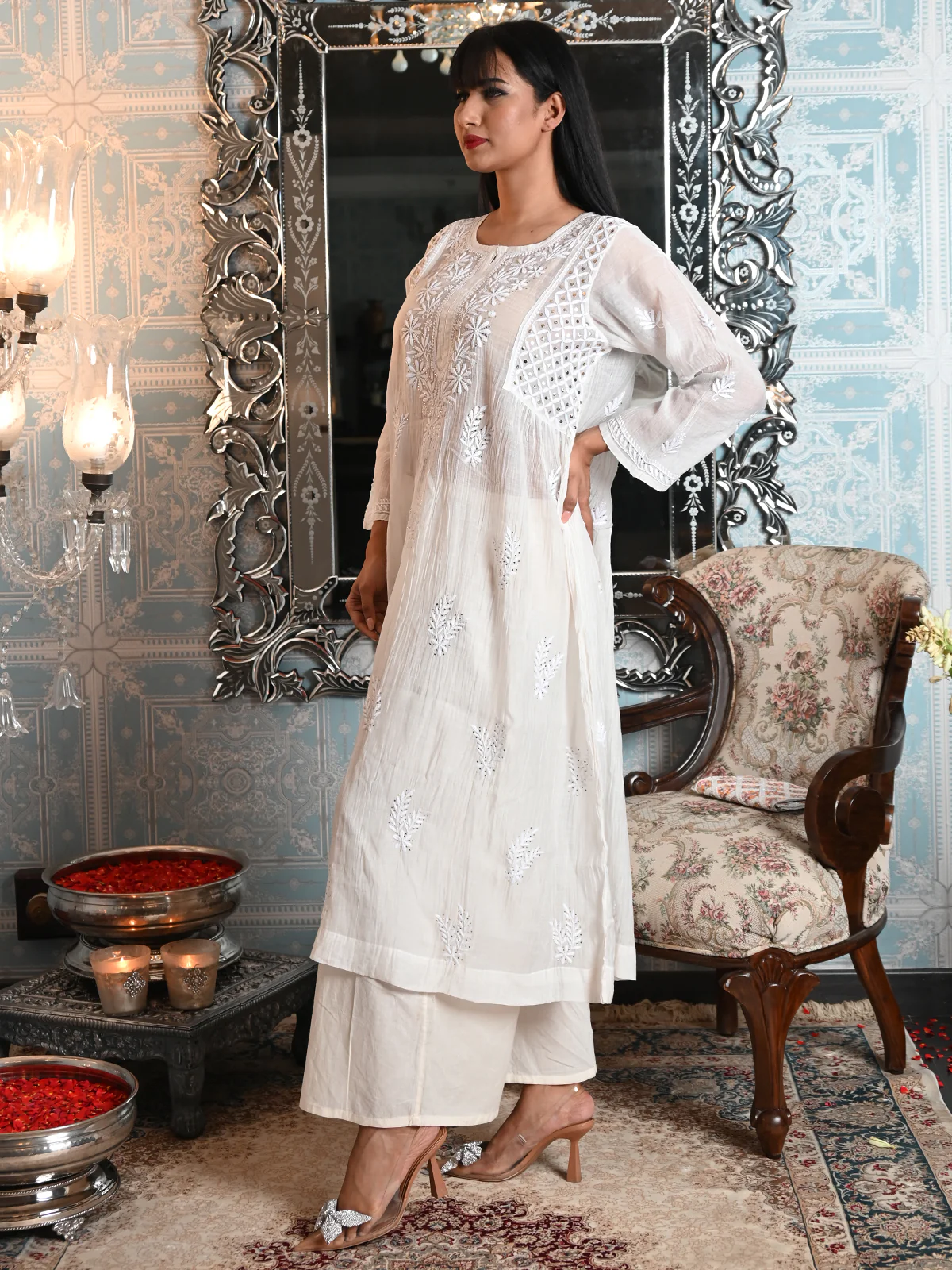 Odette Women Off White Cotton Voile Chikankari Mukaish Work Embroidered Stitched with dupatta - Image 3