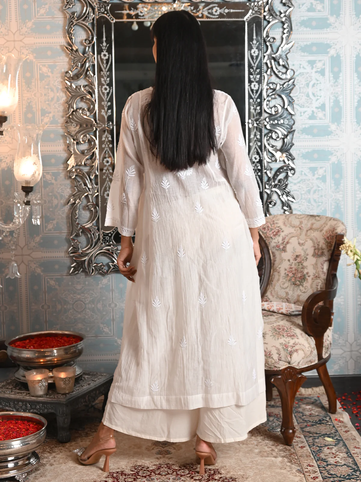 Odette Women Off White Cotton Voile Chikankari Mukaish Work Embroidered Stitched with dupatta - Image 4