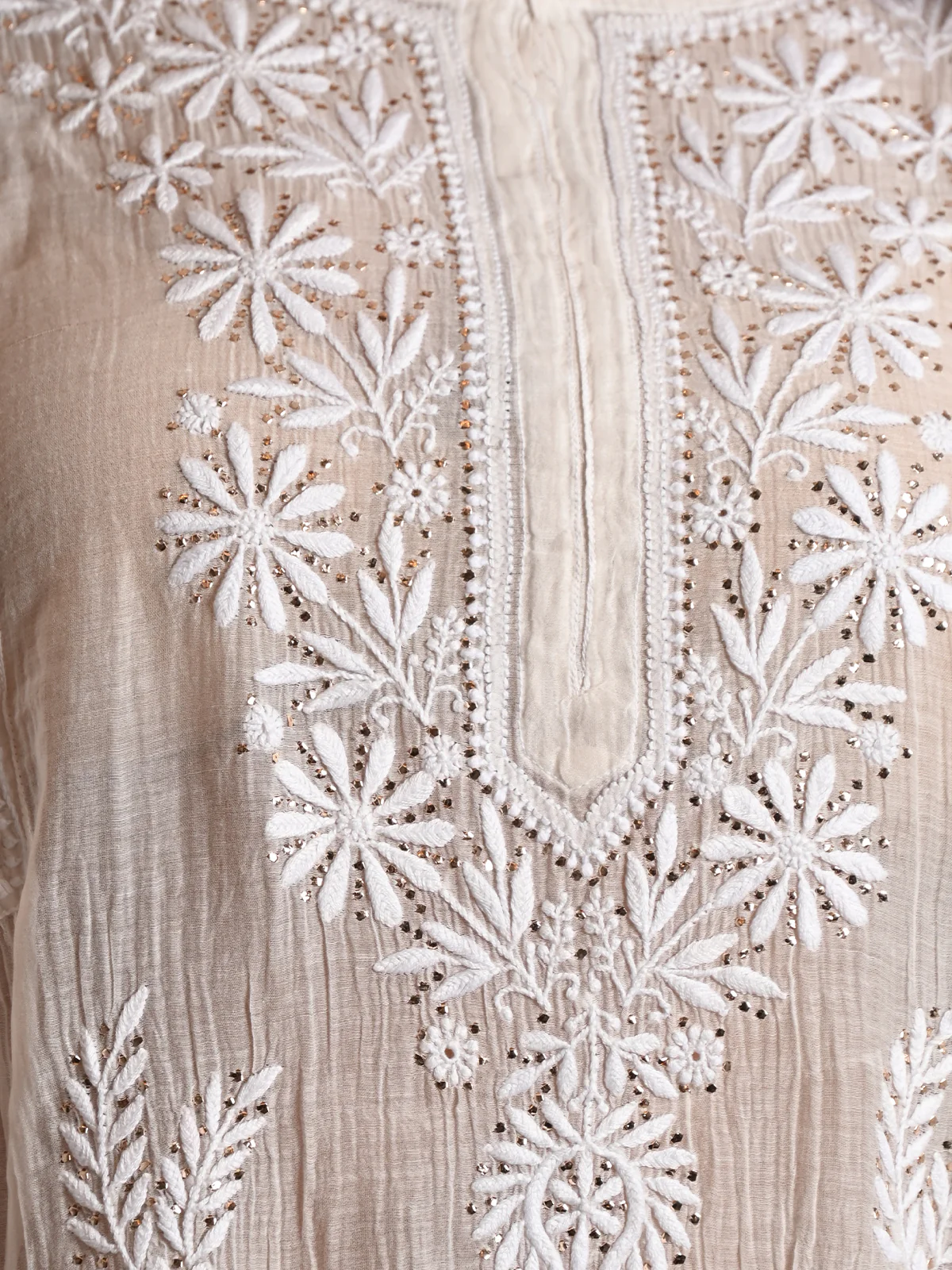 Odette Women Off White Cotton Voile Chikankari Mukaish Work Embroidered Stitched with dupatta - Image 5