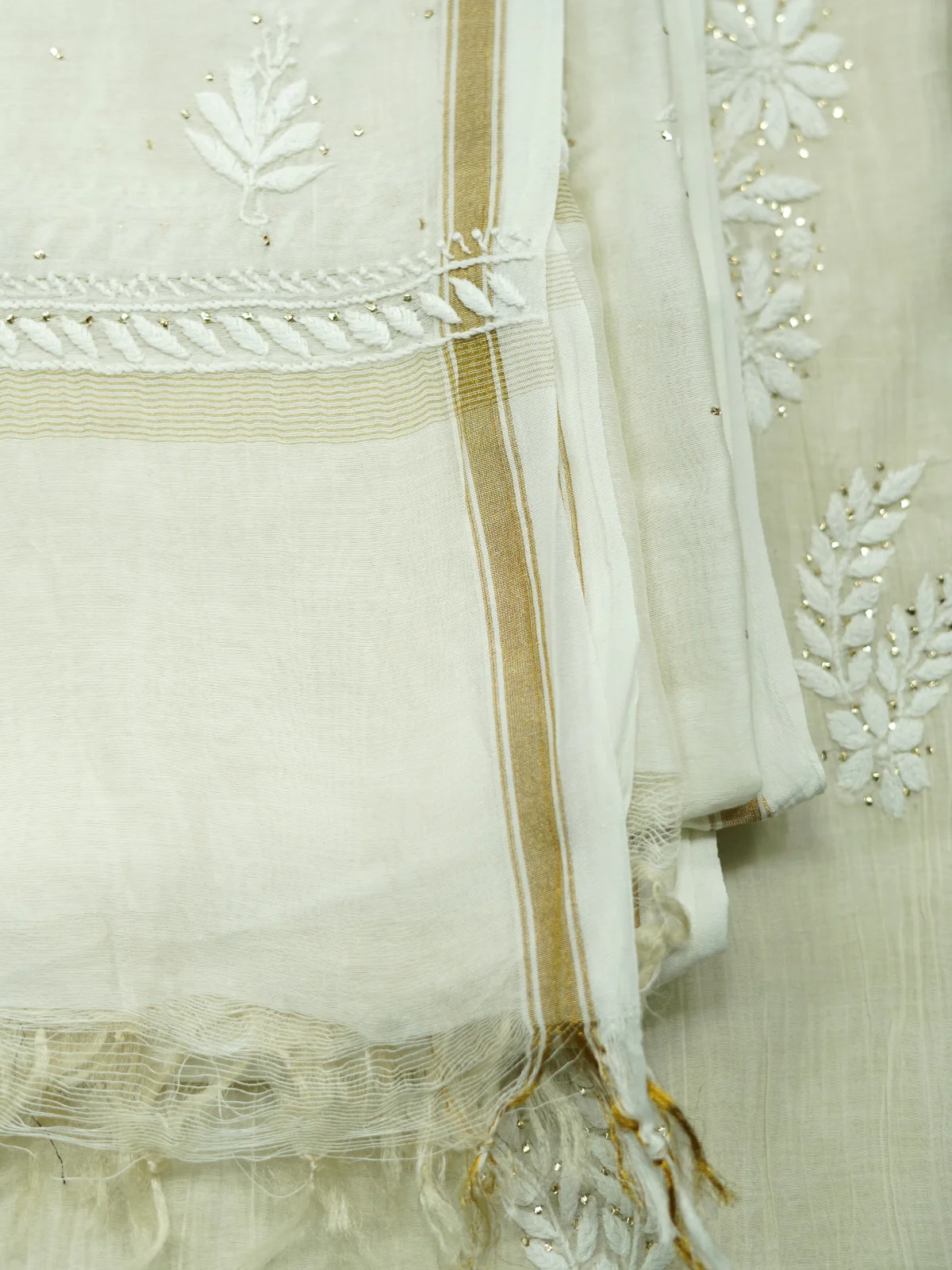 Odette Women Off White Cotton Voile Chikankari Mukaish Work Embroidered Stitched with dupatta - Image 6