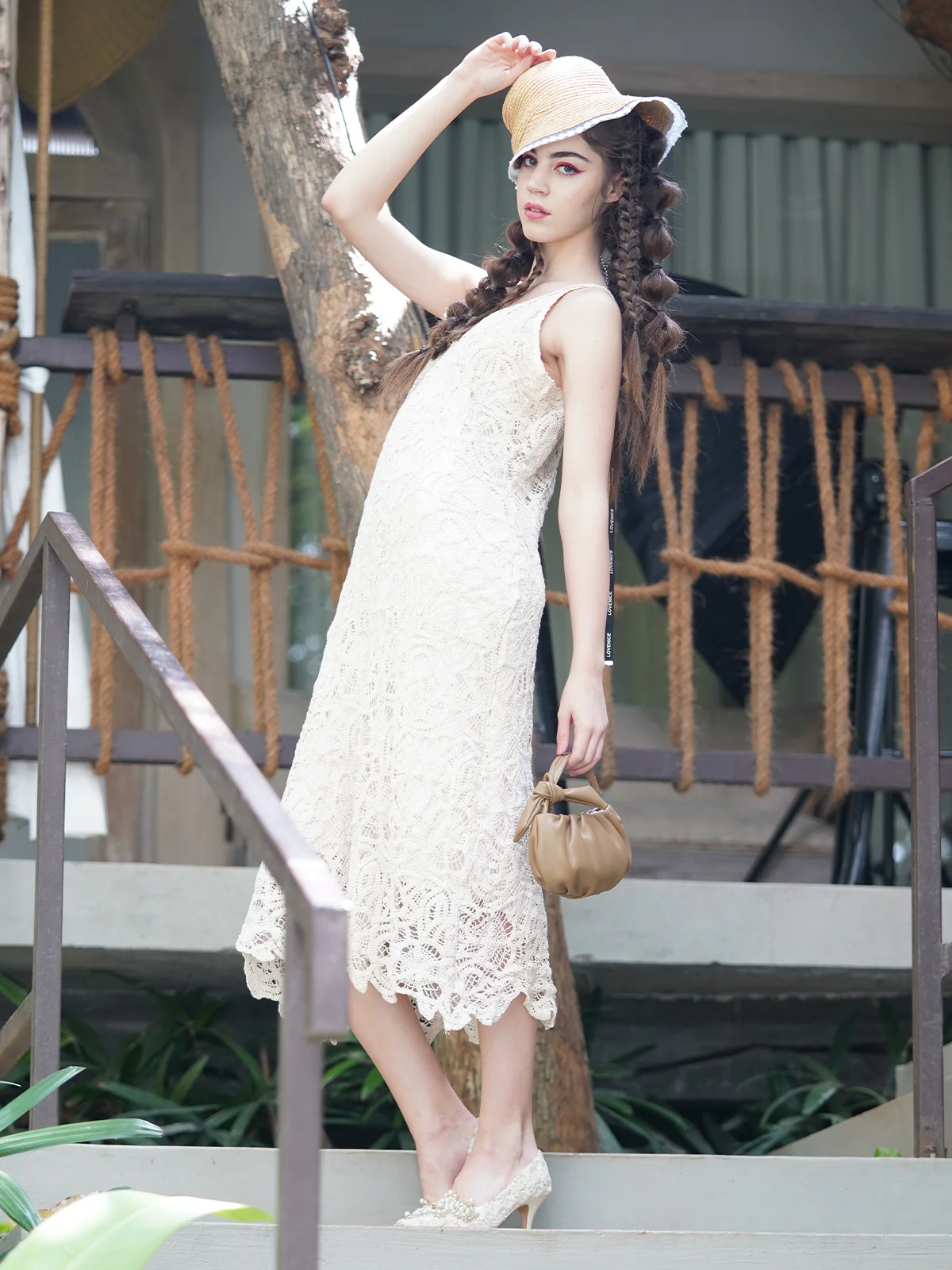 Odette Women Off White Self Design Crochet Stitched Dress - Image 3