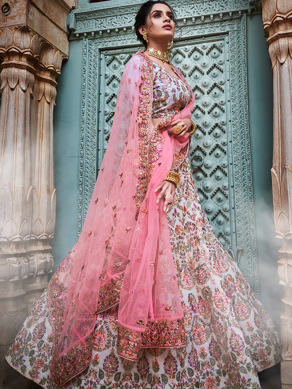 Odette Women Multicolor Georgette Semi Stitched Lehenga With Unstitched Blouse