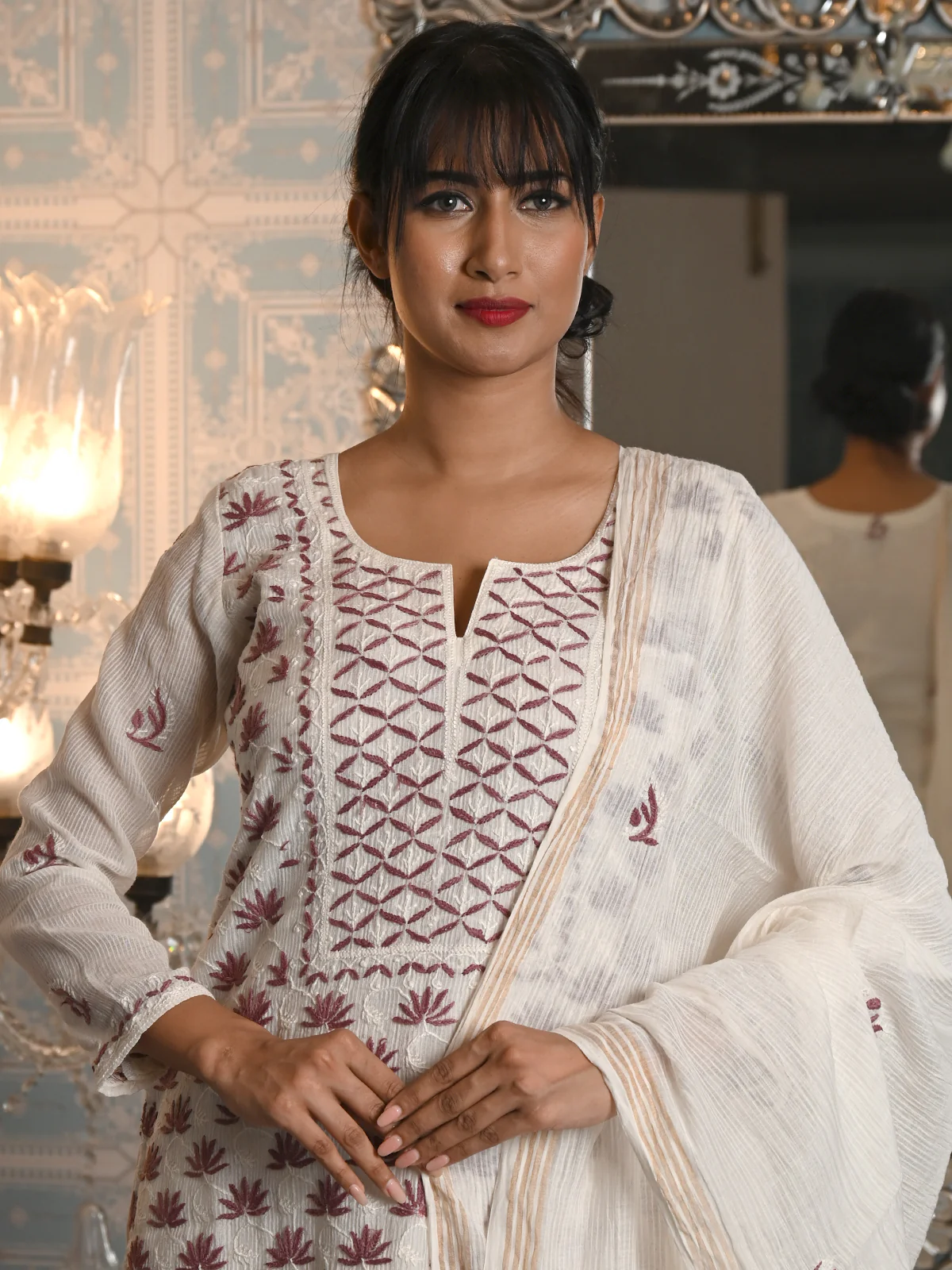 Odette Women White Striped Voile Chikankari Embroidered Stitched Kurta With Dupatta - Image 2