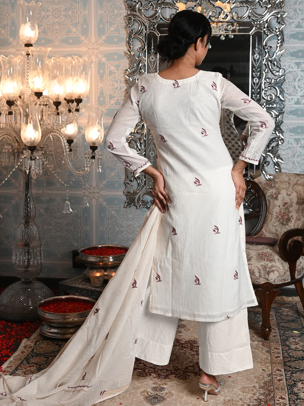 Odette Women White Striped Voile Chikankari Embroidered Stitched Kurta With Dupatta - Image 3