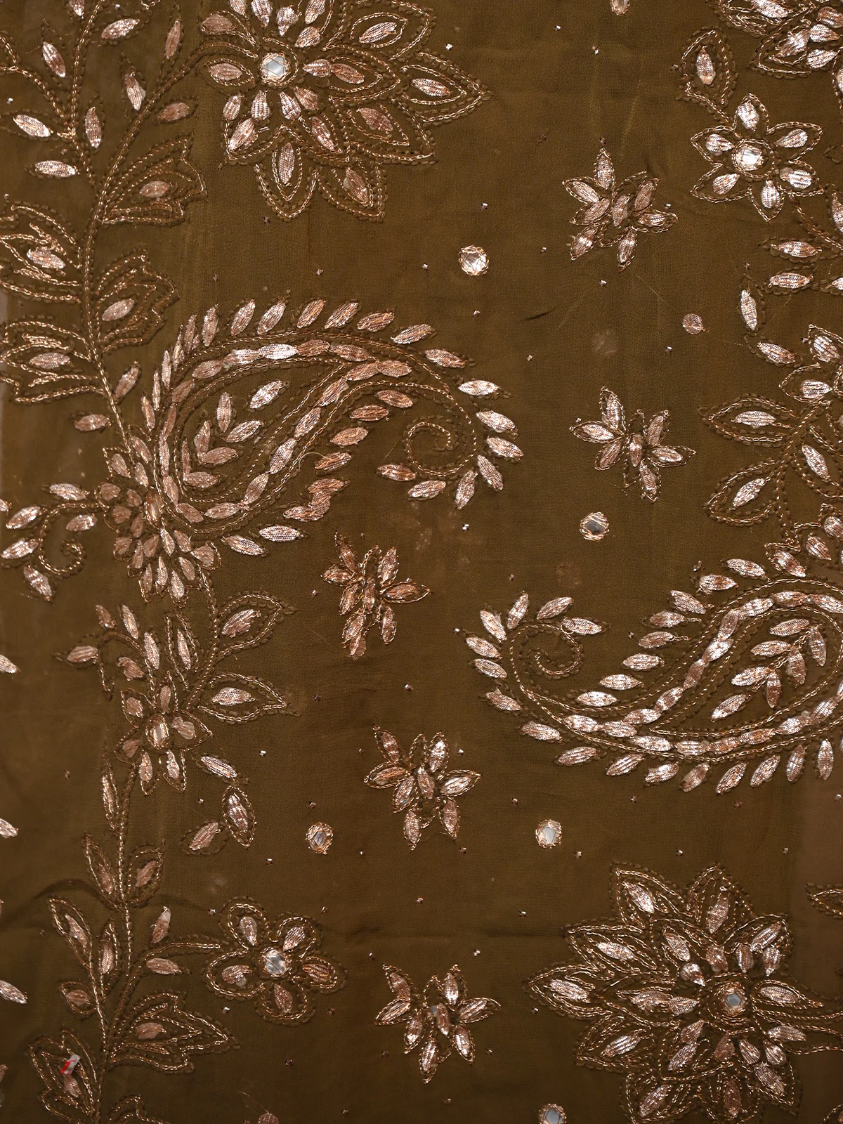 Odette Women Olive Green Georgette Gotapatti And Mukaish Work Chikankari Embroidered Saree With Unstitched Blouse - Image 5