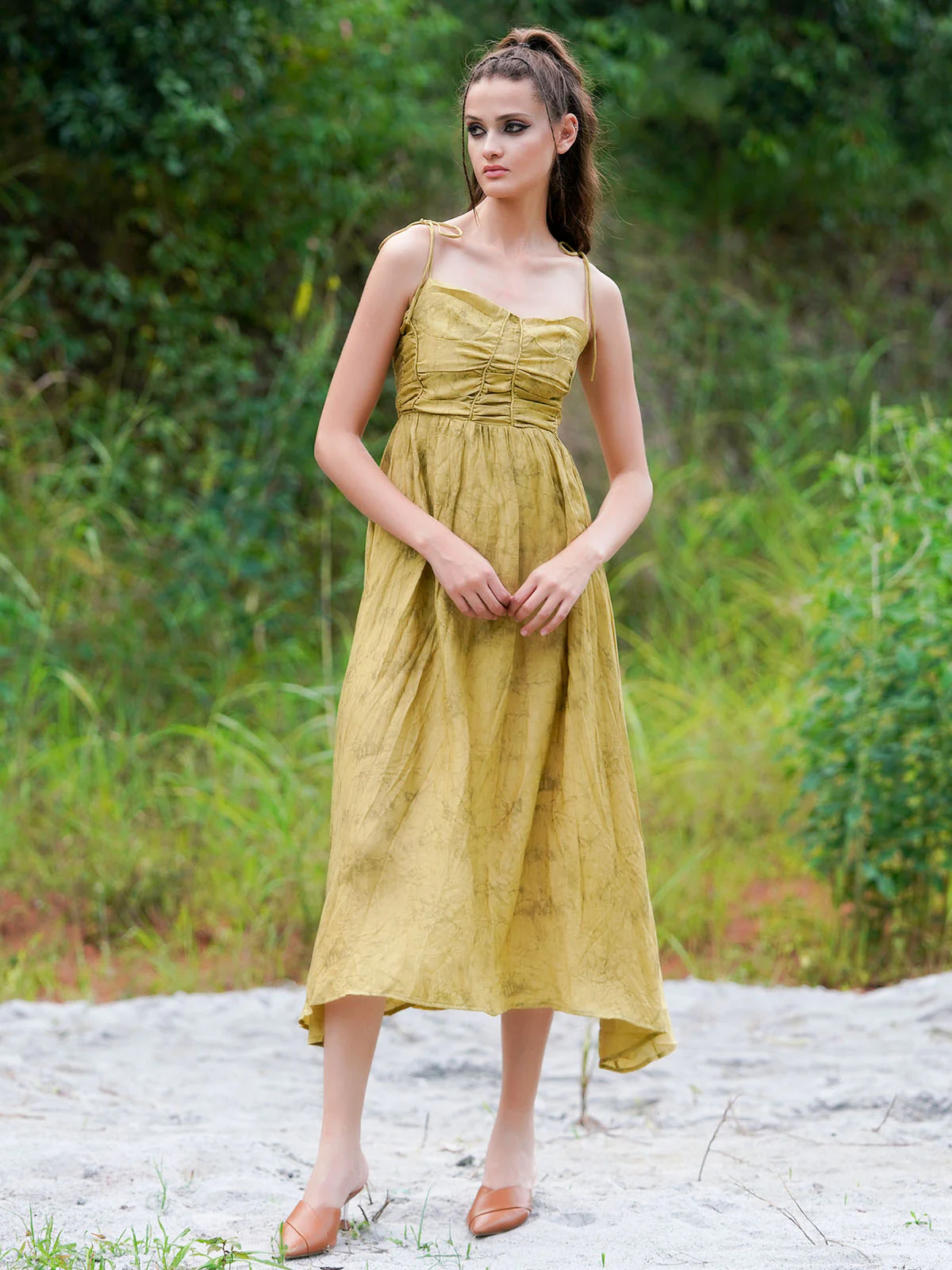 Odette Women Olive Green Printed Crepe Stitched Dress - Image 2