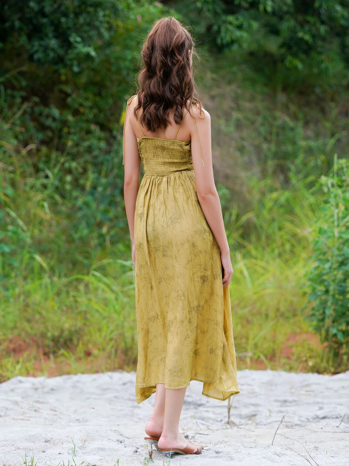 Odette Women Olive Green Printed Crepe Stitched Dress - Image 4