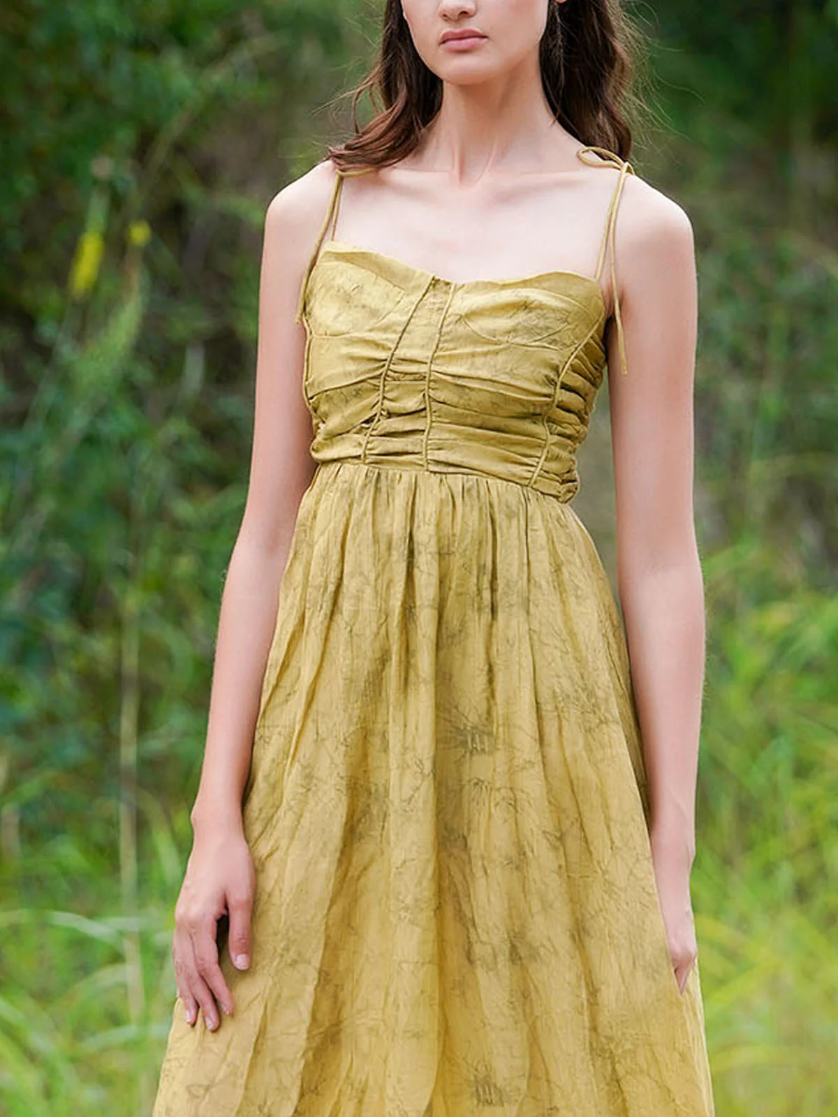 Odette Women Olive Green Printed Crepe Stitched Dress - Image 5