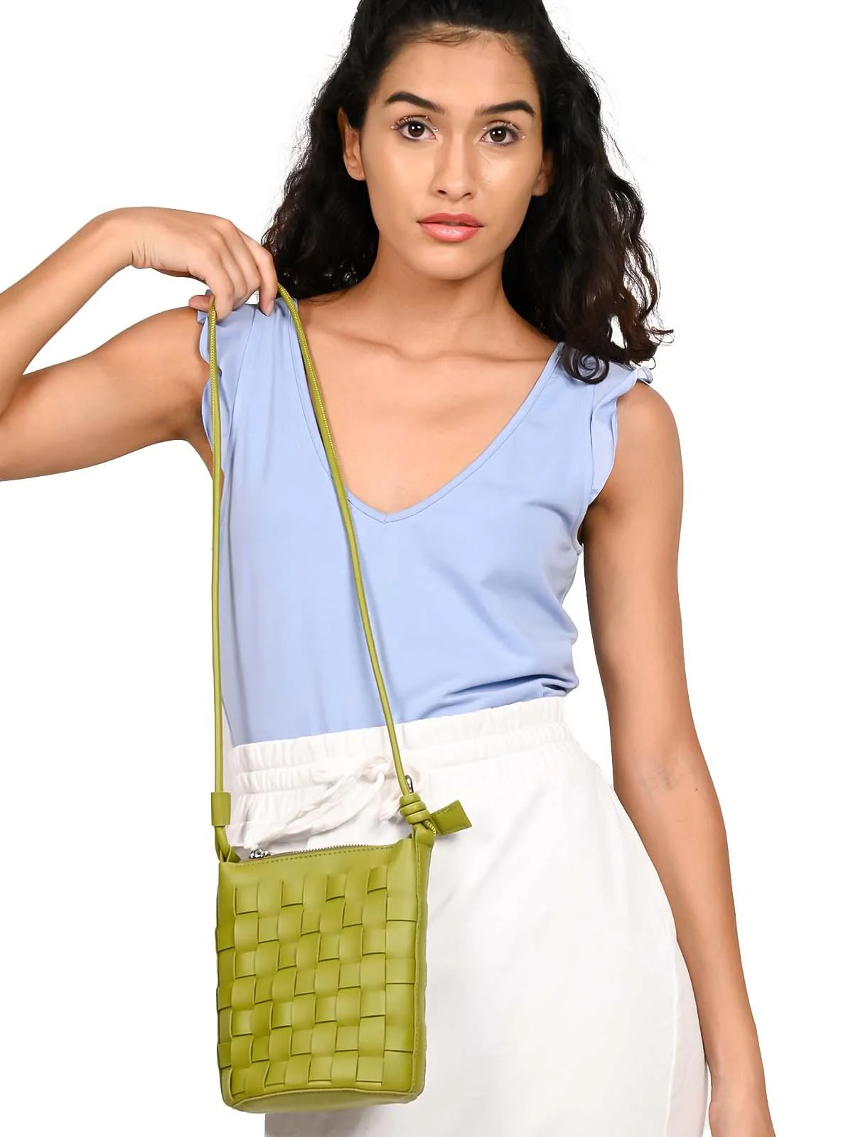 Odette Women Olive Green Textured Sling Bag