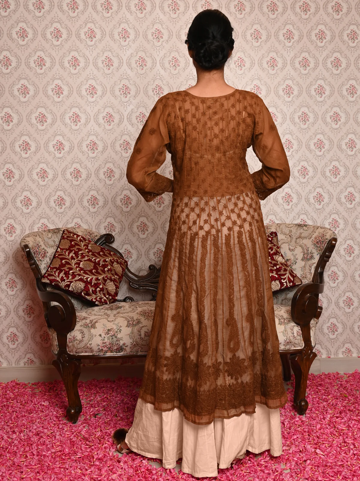 Odette Women Brown Voile Chikankari Embroidered Stitched Kurta - Image 3