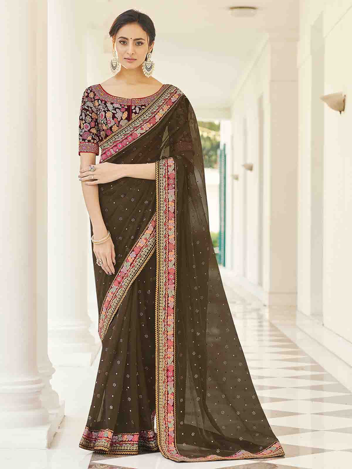 Odette Women Olive Organza Embroidered Saree With Unstitched Blouse