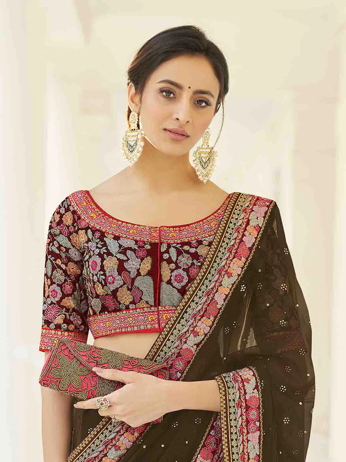 Odette Women Olive Organza Embroidered Saree With Unstitched Blouse - Image 3