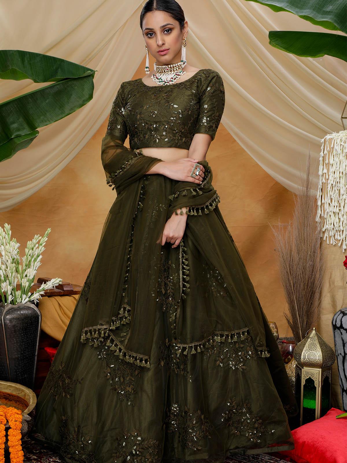 Odette Women Olive Sequins Net Semi Stitched Lehenga With Unstitched Blouse