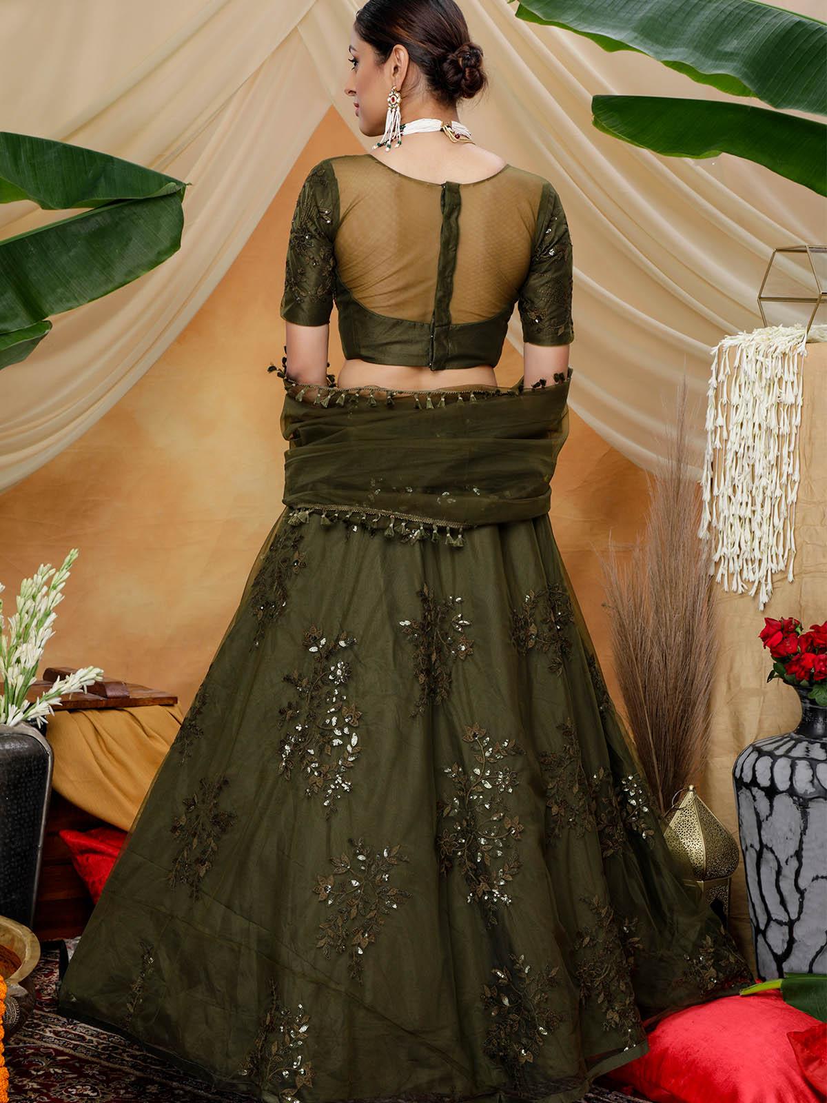 Odette Women Olive Sequins Net Semi Stitched Lehenga With Unstitched Blouse - Image 2
